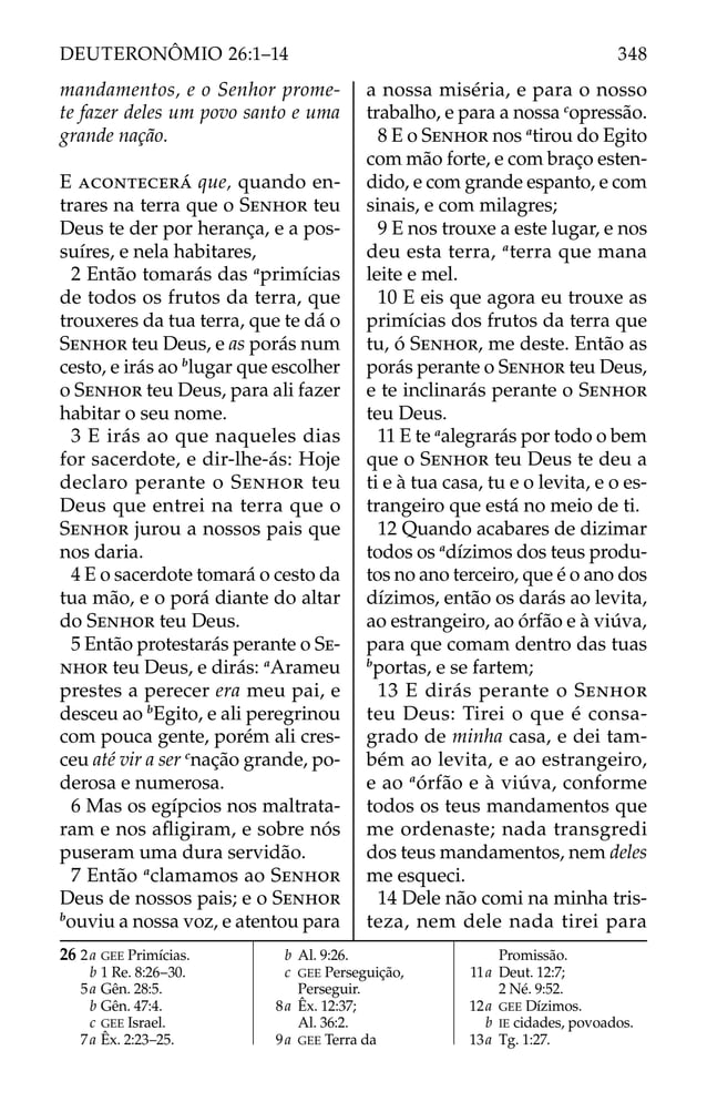 mandamentos, e o Senhor prome-
te fazer deles um povo santo e uma
grande nação.
E ACONTECERÁ que, quando en-
trares na terra que o SENHOR teu
Deus te der por herança, e a pos-
suíres, e nela habitares,
2 Então tomarás das a
primícias
de todos os frutos da terra, que
trouxeres da tua terra, que te dá o
SENHOR teu Deus, e as porás num
cesto, e irás ao b
lugar que escolher
o SENHOR teu Deus, para ali fazer
habitar o seu nome.
3 E irás ao que naqueles dias
for sacerdote, e dir-lhe-ás: Hoje
declaro perante o SENHOR teu
Deus que entrei na terra que o
SENHOR jurou a nossos pais que
nos daria.
4 E o sacerdote tomará o cesto da
tua mão, e o porá diante do altar
do SENHOR teu Deus.
5 Então protestarás perante o SE-
NHOR teu Deus, e dirás: a
Arameu
prestes a perecer era meu pai, e
desceu ao b
Egito, e ali peregrinou
com pouca gente, porém ali cres-
ceu até vir a ser c
nação grande, po-
derosa e numerosa.
6 Mas os egípcios nos maltrata-
ram e nos aﬂigiram, e sobre nós
puseram uma dura servidão.
7 Então a
clamamos ao SENHOR
Deus de nossos pais; e o SENHOR
b
ouviu a nossa voz, e atentou para
a nossa miséria, e para o nosso
trabalho, e para a nossa c
opressão.
8 E o SENHOR nos a
tirou do Egito
com mão forte, e com braço esten-
dido, e com grande espanto, e com
sinais, e com milagres;
9 E nos trouxe a este lugar, e nos
deu esta terra, a
terra que mana
leite e mel.
10 E eis que agora eu trouxe as
primícias dos frutos da terra que
tu, ó SENHOR, me deste. Então as
porás perante o SENHOR teu Deus,
e te inclinarás perante o SENHOR
teu Deus.
11 E te a
alegrarás por todo o bem
que o SENHOR teu Deus te deu a
ti e à tua casa, tu e o levita, e o es-
trangeiro que está no meio de ti.
12 Quando acabares de dizimar
todos os a
dízimos dos teus produ-
tos no ano terceiro, que é o ano dos
dízimos, então os darás ao levita,
ao estrangeiro, ao órfão e à viúva,
para que comam dentro das tuas
b
portas, e se fartem;
13 E dirás perante o SENHOR
teu Deus: Tirei o que é consa-
grado de minha casa, e dei tam-
bém ao levita, e ao estrangeiro,
e ao a
órfão e à viúva, conforme
todos os teus mandamentos que
me ordenaste; nada transgredi
dos teus mandamentos, nem deles
me esqueci.
14 Dele não comi na minha tris-
teza, nem dele nada tirei para
26 2a GEE Primícias.
b 1 Re. 8:26–30.
5a Gên. 28:5.
b Gên. 47:4.
c GEE Israel.
7a Êx. 2:23–25.
b Al. 9:26.
c GEE Perseguição,
Perseguir.
8a Êx. 12:37;
Al. 36:2.
9a GEE Terra da
Promissão.
11a Deut. 12:7;
2 Né. 9:52.
12a GEE Dízimos.
b IE cidades, povoados.
13a Tg. 1:27.
348
DEUTERONÔMIO 26:1–14
 