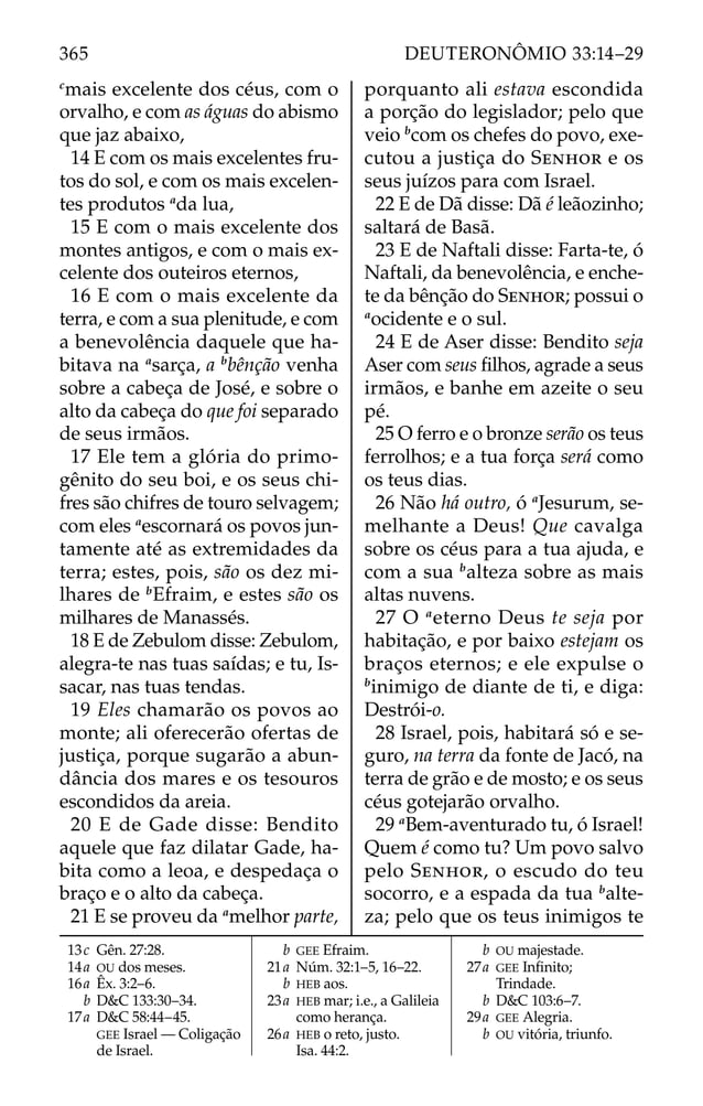 c
mais excelente dos céus, com o
orvalho, e com as águas do abismo
que jaz abaixo,
14 E com os mais excelentes fru-
tos do sol, e com os mais excelen-
tes produtos a
da lua,
15 E com o mais excelente dos
montes antigos, e com o mais ex-
celente dos outeiros eternos,
16 E com o mais excelente da
terra, e com a sua plenitude, e com
a benevolência daquele que ha-
bitava na a
sarça, a b
bênção venha
sobre a cabeça de José, e sobre o
alto da cabeça do que foi separado
de seus irmãos.
17 Ele tem a glória do primo-
gênito do seu boi, e os seus chi-
fres são chifres de touro selvagem;
com eles a
escornará os povos jun-
tamente até as extremidades da
terra; estes, pois, são os dez mi-
lhares de b
Efraim, e estes são os
milhares de Manassés.
18 E de Zebulom disse: Zebulom,
alegra-te nas tuas saídas; e tu, Is-
sacar, nas tuas tendas.
19 Eles chamarão os povos ao
monte; ali oferecerão ofertas de
justiça, porque sugarão a abun-
dância dos mares e os tesouros
escondidos da areia.
20 E de Gade disse: Bendito
aquele que faz dilatar Gade, ha-
bita como a leoa, e despedaça o
braço e o alto da cabeça.
21 E se proveu da a
melhor parte,
porquanto ali estava escondida
a porção do legislador; pelo que
veio b
com os chefes do povo, exe-
cutou a justiça do SENHOR e os
seus juízos para com Israel.
22 E de Dã disse: Dã é leãozinho;
saltará de Basã.
23 E de Naftali disse: Farta-te, ó
Naftali, da benevolência, e enche-
te da bênção do SENHOR; possui o
a
ocidente e o sul.
24 E de Aser disse: Bendito seja
Aser com seus ﬁlhos, agrade a seus
irmãos, e banhe em azeite o seu
pé.
25 O ferro e o bronze serão os teus
ferrolhos; e a tua força será como
os teus dias.
26 Não há outro, ó a
Jesurum, se-
melhante a Deus! Que cavalga
sobre os céus para a tua ajuda, e
com a sua b
alteza sobre as mais
altas nuvens.
27 O a
eterno Deus te seja por
habitação, e por baixo estejam os
braços eternos; e ele expulse o
b
inimigo de diante de ti, e diga:
Destrói-o.
28 Israel, pois, habitará só e se-
guro, na terra da fonte de Jacó, na
terra de grão e de mosto; e os seus
céus gotejarão orvalho.
29 a
Bem-aventurado tu, ó Israel!
Quem é como tu? Um povo salvo
pelo SENHOR, o escudo do teu
socorro, e a espada da tua b
alte-
za; pelo que os teus inimigos te
13c Gên. 27:28.
14a OU dos meses.
16a Êx. 3:2–6.
b D&C 133:30–34.
17a D&C 58:44–45.
GEE Israel — Coligação
de Israel.
b GEE Efraim.
21a Núm. 32:1–5, 16–22.
b HEB aos.
23a HEB mar; i.e., a Galileia
como herança.
26a HEB o reto, justo.
Isa. 44:2.
b OU majestade.
27a GEE Inﬁnito;
Trindade.
b D&C 103:6–7.
29a GEE Alegria.
b OU vitória, triunfo.
365 DEUTERONÔMIO 33:14–29
 