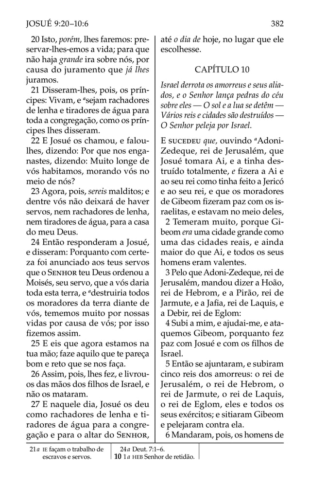 20 Isto, porém, lhes faremos: pre-
servar-lhes-emos a vida; para que
não haja grande ira sobre nós, por
causa do juramento que já lhes
juramos.
21 Disseram-lhes, pois, os prín-
cipes: Vivam, e a
sejam rachadores
de lenha e tiradores de água para
toda a congregação, como os prín-
cipes lhes disseram.
22 E Josué os chamou, e falou-
lhes, dizendo: Por que nos enga-
nastes, dizendo: Muito longe de
vós habitamos, morando vós no
meio de nós?
23 Agora, pois, sereis malditos; e
dentre vós não deixará de haver
servos, nem rachadores de lenha,
nem tiradores de água, para a casa
do meu Deus.
24 Então responderam a Josué,
e disseram: Porquanto com certe-
za foi anunciado aos teus servos
que o SENHOR teu Deus ordenou a
Moisés, seu servo, que a vós daria
toda esta terra, e a
destruiria todos
os moradores da terra diante de
vós, tememos muito por nossas
vidas por causa de vós; por isso
ﬁzemos assim.
25 E eis que agora estamos na
tua mão; faze aquilo que te pareça
bom e reto que se nos faça.
26 Assim, pois, lhes fez, e livrou-
os das mãos dos ﬁlhos de Israel, e
não os mataram.
27 E naquele dia, Josué os deu
como rachadores de lenha e ti-
radores de água para a congre-
gação e para o altar do SENHOR,
até o dia de hoje, no lugar que ele
escolhesse.
CAPÍTULO 10
Israel derrota os amorreus e seus alia-
dos, e o Senhor lança pedras do céu
sobre eles — O sol e a lua se detêm —
Vários reis e cidades são destruídos —
O Senhor peleja por Israel.
E SUCEDEU que, ouvindo a
Adoni-
Zedeque, rei de Jerusalém, que
Josué tomara Ai, e a tinha des-
truído totalmente, e ﬁzera a Ai e
ao seu rei como tinha feito a Jericó
e ao seu rei, e que os moradores
de Gibeom ﬁzeram paz com os is-
raelitas, e estavam no meio deles,
2 Temeram muito, porque Gi-
beom era uma cidade grande como
uma das cidades reais, e ainda
maior do que Ai, e todos os seus
homens eram valentes.
3 Pelo que Adoni-Zedeque, rei de
Jerusalém, mandou dizer a Hoão,
rei de Hebrom, e a Pirão, rei de
Jarmute, e a Jaﬁa, rei de Laquis, e
a Debir, rei de Eglom:
4 Subi a mim, e ajudai-me, e ata-
quemos Gibeom, porquanto fez
paz com Josué e com os ﬁlhos de
Israel.
5 Então se ajuntaram, e subiram
cinco reis dos amorreus: o rei de
Jerusalém, o rei de Hebrom, o
rei de Jarmute, o rei de Laquis,
o rei de Eglom, eles e todos os
seus exércitos; e sitiaram Gibeom
e pelejaram contra ela.
6 Mandaram, pois, os homens de
21a IE façam o trabalho de
escravos e servos.
24a Deut. 7:1–6.
10 1a HEB Senhor de retidão.
382
JOSUÉ 9:20–10:6
 
