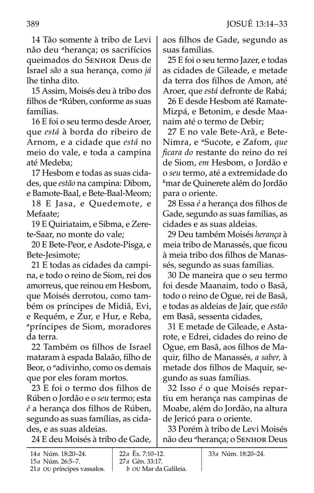 14 Tão somente à tribo de Levi
não deu a
herança; os sacrifícios
queimados do SENHOR Deus de
Israel são a sua herança, como já
lhe tinha dito.
15 Assim, Moisés deu à tribo dos
ﬁlhos de a
Rúben, conforme as suas
famílias.
16 E foi o seu termo desde Aroer,
que está à borda do ribeiro de
Arnom, e a cidade que está no
meio do vale, e toda a campina
até Medeba;
17 Hesbom e todas as suas cida-
des, que estão na campina: Dibom,
e Bamote-Baal, e Bete-Baal-Meom;
18 E Jasa, e Quedemote, e
Mefaate;
19 E Quiriataim, e Sibma, e Zere-
te-Saar, no monte do vale;
20 E Bete-Peor, e Asdote-Pisga, e
Bete-Jesimote;
21 E todas as cidades da campi-
na, e todo o reino de Siom, rei dos
amorreus, que reinou em Hesbom,
que Moisés derrotou, como tam-
bém os príncipes de Midiã, Evi,
e Requém, e Zur, e Hur, e Reba,
a
príncipes de Siom, moradores
da terra.
22 Também os ﬁlhos de Israel
mataram à espada Balaão, ﬁlho de
Beor, o a
adivinho, como os demais
que por eles foram mortos.
23 E foi o termo dos filhos de
Rúben o Jordão e o seu termo; esta
é a herança dos ﬁlhos de Rúben,
segundo as suas famílias, as cida-
des, e as suas aldeias.
24 E deu Moisés à tribo de Gade,
aos ﬁlhos de Gade, segundo as
suas famílias.
25 E foi o seu termo Jazer, e todas
as cidades de Gileade, e metade
da terra dos ﬁlhos de Amon, até
Aroer, que está defronte de Rabá;
26 E desde Hesbom até Ramate-
Mizpá, e Betonim, e desde Maa-
naim até o termo de Debir;
27 E no vale Bete-Arã, e Bete-
Nimra, e a
Sucote, e Zafom, que
ﬁcara do restante do reino do rei
de Siom, em Hesbom, o Jordão e
o seu termo, até a extremidade do
b
mar de Quinerete além do Jordão
para o oriente.
28 Essa é a herança dos ﬁlhos de
Gade, segundo as suas famílias, as
cidades e as suas aldeias.
29 Deu também Moisés herança à
meia tribo de Manassés, que ﬁcou
à meia tribo dos ﬁlhos de Manas-
sés, segundo as suas famílias.
30 De maneira que o seu termo
foi desde Maanaim, todo o Basã,
todo o reino de Ogue, rei de Basã,
e todas as aldeias de Jair, que estão
em Basã, sessenta cidades,
31 E metade de Gileade, e Asta-
rote, e Edrei, cidades do reino de
Ogue, em Basã, aos ﬁlhos de Ma-
quir, ﬁlho de Manassés, a saber, à
metade dos ﬁlhos de Maquir, se-
gundo as suas famílias.
32 Isso é o que Moisés repar-
tiu em herança nas campinas de
Moabe, além do Jordão, na altura
de Jericó para o oriente.
33 Porém à tribo de Levi Moisés
não deu a
herança; o SENHOR Deus
14a Núm. 18:20–24.
15a Núm. 26:5–7.
21a OU príncipes vassalos.
22a Êx. 7:10–12.
27a Gên. 33:17.
b OU Mar da Galileia.
33a Núm. 18:20–24.
389 JOSUÉ 13:14–33
 