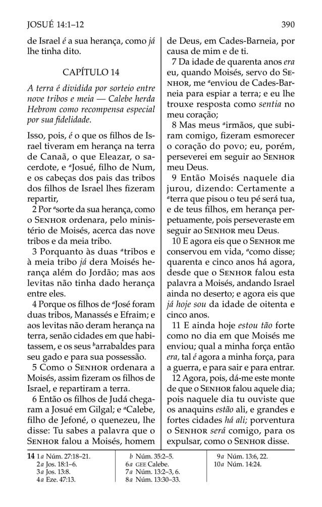 de Israel é a sua herança, como já
lhe tinha dito.
CAPÍTULO 14
A terra é dividida por sorteio entre
nove tribos e meia — Calebe herda
Hebrom como recompensa especial
por sua ﬁdelidade.
ISSO, pois, é o que os ﬁlhos de Is-
rael tiveram em herança na terra
de Canaã, o que Eleazar, o sa-
cerdote, e a
Josué, ﬁlho de Num,
e os cabeças dos pais das tribos
dos ﬁlhos de Israel lhes ﬁzeram
repartir,
2 Por a
sorte da sua herança, como
o SENHOR ordenara, pelo minis-
tério de Moisés, acerca das nove
tribos e da meia tribo.
3 Porquanto às duas a
tribos e
à meia tribo já dera Moisés he-
rança além do Jordão; mas aos
levitas não tinha dado herança
entre eles.
4 Porque os ﬁlhos de a
José foram
duas tribos, Manassés e Efraim; e
aos levitas não deram herança na
terra, senão cidades em que habi-
tassem, e os seus b
arrabaldes para
seu gado e para sua possessão.
5 Como o SENHOR ordenara a
Moisés, assim ﬁzeram os ﬁlhos de
Israel, e repartiram a terra.
6 Então os ﬁlhos de Judá chega-
ram a Josué em Gilgal; e a
Calebe,
ﬁlho de Jefoné, o quenezeu, lhe
disse: Tu sabes a palavra que o
SENHOR falou a Moisés, homem
de Deus, em Cades-Barneia, por
causa de mim e de ti.
7 Da idade de quarenta anos era
eu, quando Moisés, servo do SE-
NHOR, me a
enviou de Cades-Bar-
neia para espiar a terra; e eu lhe
trouxe resposta como sentia no
meu coração;
8 Mas meus a
irmãos, que subi-
ram comigo, ﬁzeram esmorecer
o coração do povo; eu, porém,
perseverei em seguir ao SENHOR
meu Deus.
9 Então Moisés naquele dia
jurou, dizendo: Certamente a
a
terra que pisou o teu pé será tua,
e de teus ﬁlhos, em herança per-
petuamente, pois perseveraste em
seguir ao SENHOR meu Deus.
10 E agora eis que o SENHOR me
conservou em vida, a
como disse;
quarenta e cinco anos há agora,
desde que o SENHOR falou esta
palavra a Moisés, andando Israel
ainda no deserto; e agora eis que
já hoje sou da idade de oitenta e
cinco anos.
11 E ainda hoje estou tão forte
como no dia em que Moisés me
enviou; qual a minha força então
era, tal é agora a minha força, para
a guerra, e para sair e para entrar.
12 Agora, pois, dá-me este monte
de que o SENHOR falou aquele dia;
pois naquele dia tu ouviste que
os anaquins estão ali, e grandes e
fortes cidades há ali; porventura
o SENHOR será comigo, para os
expulsar, como o SENHOR disse.
14 1a Núm. 27:18–21.
2a Jos. 18:1–6.
3a Jos. 13:8.
4a Eze. 47:13.
b Núm. 35:2–5.
6a GEE Calebe.
7a Núm. 13:2–3, 6.
8a Núm. 13:30–33.
9a Núm. 13:6, 22.
10a Núm. 14:24.
390
JOSUÉ 14:1–12
 