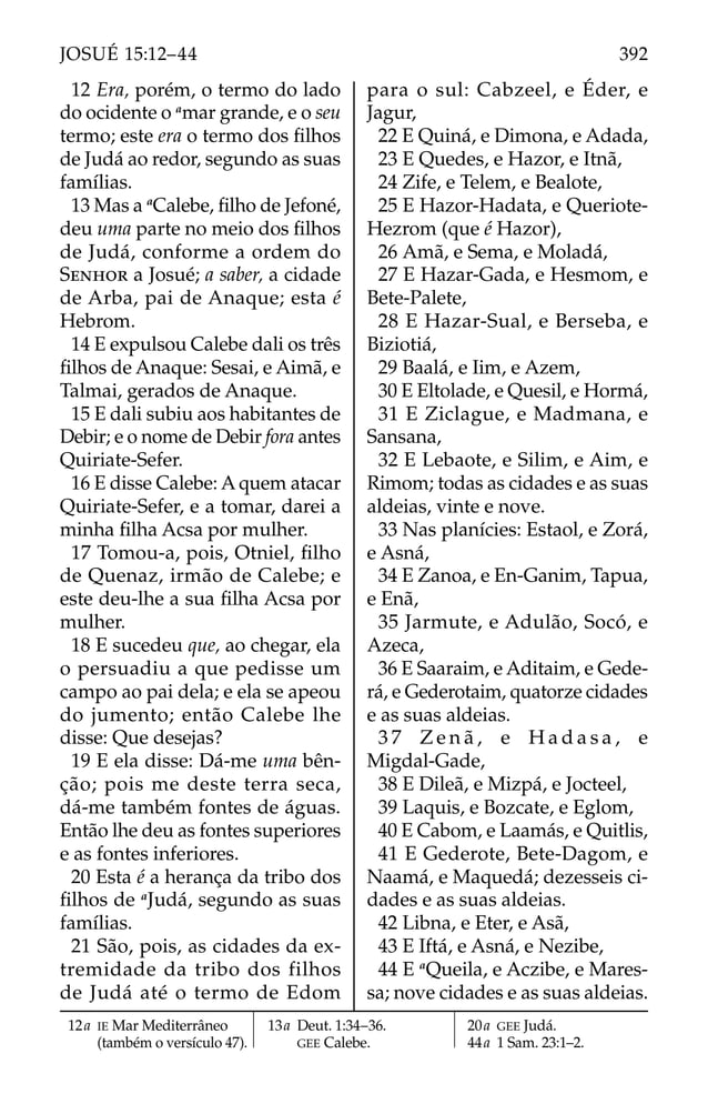 12 Era, porém, o termo do lado
do ocidente o a
mar grande, e o seu
termo; este era o termo dos ﬁlhos
de Judá ao redor, segundo as suas
famílias.
13 Mas a a
Calebe, ﬁlho de Jefoné,
deu uma parte no meio dos ﬁlhos
de Judá, conforme a ordem do
SENHOR a Josué; a saber, a cidade
de Arba, pai de Anaque; esta é
Hebrom.
14 E expulsou Calebe dali os três
ﬁlhos de Anaque: Sesai, e Aimã, e
Talmai, gerados de Anaque.
15 E dali subiu aos habitantes de
Debir; e o nome de Debir fora antes
Quiriate-Sefer.
16 E disse Calebe: A quem atacar
Quiriate-Sefer, e a tomar, darei a
minha ﬁlha Acsa por mulher.
17 Tomou-a, pois, Otniel, ﬁlho
de Quenaz, irmão de Calebe; e
este deu-lhe a sua ﬁlha Acsa por
mulher.
18 E sucedeu que, ao chegar, ela
o persuadiu a que pedisse um
campo ao pai dela; e ela se apeou
do jumento; então Calebe lhe
disse: Que desejas?
19 E ela disse: Dá-me uma bên-
ção; pois me deste terra seca,
dá-me também fontes de águas.
Então lhe deu as fontes superiores
e as fontes inferiores.
20 Esta é a herança da tribo dos
ﬁlhos de a
Judá, segundo as suas
famílias.
21 São, pois, as cidades da ex-
tremidade da tribo dos filhos
de Judá até o termo de Edom
para o sul: Cabzeel, e Éder, e
Jagur,
22 E Quiná, e Dimona, e Adada,
23 E Quedes, e Hazor, e Itnã,
24 Zife, e Telem, e Bealote,
25 E Hazor-Hadata, e Queriote-
Hezrom (que é Hazor),
26 Amã, e Sema, e Moladá,
27 E Hazar-Gada, e Hesmom, e
Bete-Palete,
28 E Hazar-Sual, e Berseba, e
Biziotiá,
29 Baalá, e Iim, e Azem,
30 E Eltolade, e Quesil, e Hormá,
31 E Ziclague, e Madmana, e
Sansana,
32 E Lebaote, e Silim, e Aim, e
Rimom; todas as cidades e as suas
aldeias, vinte e nove.
33 Nas planícies: Estaol, e Zorá,
e Asná,
34 E Zanoa, e En-Ganim, Tapua,
e Enã,
35 Jarmute, e Adulão, Socó, e
Azeca,
36 E Saaraim, e Aditaim, e Gede-
rá, e Gederotaim, quatorze cidades
e as suas aldeias.
3 7 Z e n ã , e H a d a s a , e
Migdal-Gade,
38 E Dileã, e Mizpá, e Jocteel,
39 Laquis, e Bozcate, e Eglom,
40 E Cabom, e Laamás, e Quitlis,
41 E Gederote, Bete-Dagom, e
Naamá, e Maquedá; dezesseis ci-
dades e as suas aldeias.
42 Libna, e Eter, e Asã,
43 E Iftá, e Asná, e Nezibe,
44 E a
Queila, e Aczibe, e Mares-
sa; nove cidades e as suas aldeias.
12a IE Mar Mediterrâneo
(também o versículo 47).
13a Deut. 1:34–36.
GEE Calebe.
20a GEE Judá.
44a 1 Sam. 23:1–2.
392
JOSUÉ 15:12–44
 