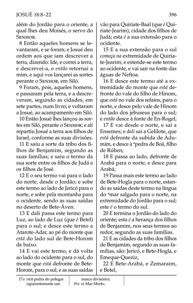 além do Jordão para o oriente, a
qual lhes deu Moisés, o servo do
SENHOR.
8 Então aqueles homens se le-
vantaram, e se foram; e Josué deu
ordem aos que iam descrever a
terra, dizendo: Ide, e correi a terra,
e descrevei-a, e então retornai a
mim, e aqui vos lançarei as sortes
perante o SENHOR, em Siló.
9 Foram, pois, aqueles homens,
e passaram pela terra, e a descre-
veram, segundo as cidades, em
sete partes, num livro; e voltaram
a Josué, ao acampamento em Siló.
10 Então Josué lhes lançou as sor-
tes em Siló, perante o SENHOR; e ali
repartiu Josué a terra aos ﬁlhos de
Israel, conforme as suas divisões.
11 E saiu a sorte da tribo dos ﬁ-
lhos de Benjamim, segundo as
suas famílias; e saiu o termo da
sua sorte entre os ﬁlhos de Judá e
os ﬁlhos de José.
12 E o seu termo vai para o lado
do norte, desde o Jordão; e sobe
este termo ao lado de Jericó para o
norte, e sobe pela montanha para
o ocidente, sendo as suas saídas
no deserto de Bete-Áven.
13 E dali passa este termo para
Luz, ao lado de Luz (que é Betel)
para o sul; e desce este termo a
Atarote-Adar, ao pé do monte que
está do lado sul de Bete-Horom
de baixo.
14 E vai este termo, e dá volta
ao lado do ocidente para o sul, do
monte que está defronte de Bete-
Horom, para o sul, e as suas saídas
vão para Quiriate-Baal (que é Qui-
riate-Jearim), cidade dos ﬁlhos de
Judá; esta é a sua extensão para o
ocidente.
15 E a sua extensão para o sul
começa na extremidade de Quiria-
te-Jearim; e estende-se este termo
ao ocidente, e vai sair na fonte das
águas de Neftoa.
16 E desce este termo até a ex-
tremidade do monte que está de-
fronte do vale do ﬁlho de Hinom,
que está no vale dos refains, para o
norte, e desce pelo vale de Hinom
do lado dos jebuseus para o sul;
e então desce à fonte de En-Rogel;
17 E vai desde o norte, e sai a
Ensemes; e dali sai a Gelilote, que
está defronte da subida de Adu-
mim, e desce à a
pedra de Boã, ﬁlho
de Rúben;
18 E passa ao lado, defronte de
Arabá para o norte, e desce para
Arabá;
19 Passa mais este termo ao lado
de Bete-Hogla para o norte, estan-
do as saídas deste termo na língua
do a
mar salgado para o norte, na
extremidade do Jordão para o sul;
este é o termo do sul.
20 E termina o Jordão do lado do
oriente; esta é a herança dos ﬁlhos
de Benjamim, nos seus termos ao
redor, segundo as suas famílias.
21 E as cidades da tribo dos ﬁlhos
de Benjamim, segundo as suas fa-
mílias, são: Jericó, e Bete-Hogla, e
Emeque-Queziz,
22 E Bete-Arabá, e Zemaraim,
e Betel,
17a HEB pedra do polegar
(aparentemente um
marco divisório).
19a IE Mar Morto.
396
JOSUÉ 18:8–22
 