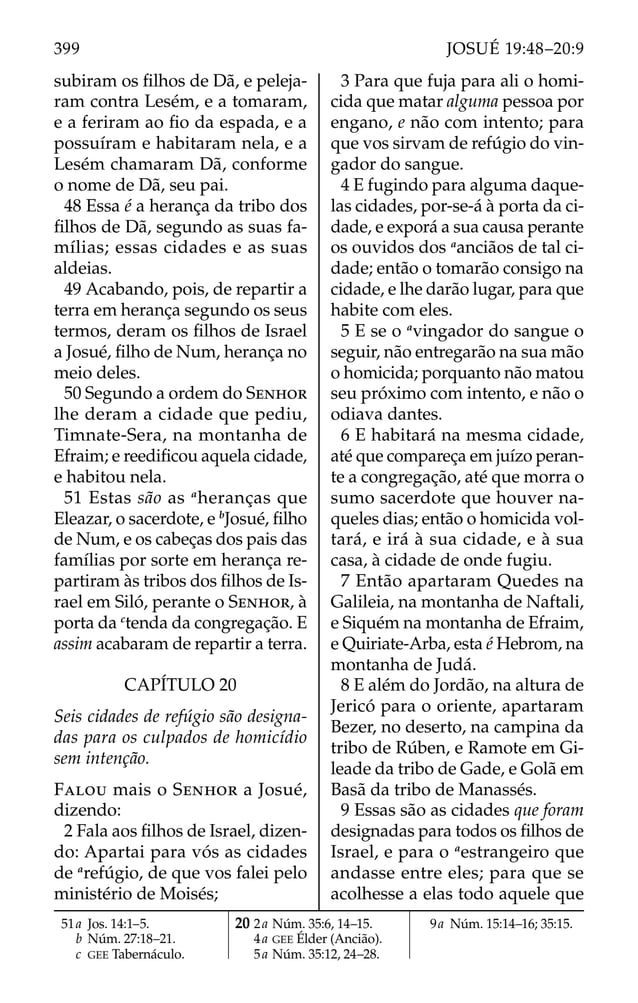 subiram os ﬁlhos de Dã, e peleja-
ram contra Lesém, e a tomaram,
e a feriram ao ﬁo da espada, e a
possuíram e habitaram nela, e a
Lesém chamaram Dã, conforme
o nome de Dã, seu pai.
48 Essa é a herança da tribo dos
ﬁlhos de Dã, segundo as suas fa-
mílias; essas cidades e as suas
aldeias.
49 Acabando, pois, de repartir a
terra em herança segundo os seus
termos, deram os ﬁlhos de Israel
a Josué, ﬁlho de Num, herança no
meio deles.
50 Segundo a ordem do SENHOR
lhe deram a cidade que pediu,
Timnate-Sera, na montanha de
Efraim; e reediﬁcou aquela cidade,
e habitou nela.
51 Estas são as a
heranças que
Eleazar, o sacerdote, e b
Josué, ﬁlho
de Num, e os cabeças dos pais das
famílias por sorte em herança re-
partiram às tribos dos ﬁlhos de Is-
rael em Siló, perante o SENHOR, à
porta da c
tenda da congregação. E
assim acabaram de repartir a terra.
CAPÍTULO 20
Seis cidades de refúgio são designa-
das para os culpados de homicídio
sem intenção.
FALOU mais o SENHOR a Josué,
dizendo:
2 Fala aos ﬁlhos de Israel, dizen-
do: Apartai para vós as cidades
de a
refúgio, de que vos falei pelo
ministério de Moisés;
3 Para que fuja para ali o homi-
cida que matar alguma pessoa por
engano, e não com intento; para
que vos sirvam de refúgio do vin-
gador do sangue.
4 E fugindo para alguma daque-
las cidades, por-se-á à porta da ci-
dade, e exporá a sua causa perante
os ouvidos dos a
anciãos de tal ci-
dade; então o tomarão consigo na
cidade, e lhe darão lugar, para que
habite com eles.
5 E se o a
vingador do sangue o
seguir, não entregarão na sua mão
o homicida; porquanto não matou
seu próximo com intento, e não o
odiava dantes.
6 E habitará na mesma cidade,
até que compareça em juízo peran-
te a congregação, até que morra o
sumo sacerdote que houver na-
queles dias; então o homicida vol-
tará, e irá à sua cidade, e à sua
casa, à cidade de onde fugiu.
7 Então apartaram Quedes na
Galileia, na montanha de Naftali,
e Siquém na montanha de Efraim,
e Quiriate-Arba, esta é Hebrom, na
montanha de Judá.
8 E além do Jordão, na altura de
Jericó para o oriente, apartaram
Bezer, no deserto, na campina da
tribo de Rúben, e Ramote em Gi-
leade da tribo de Gade, e Golã em
Basã da tribo de Manassés.
9 Essas são as cidades que foram
designadas para todos os ﬁlhos de
Israel, e para o a
estrangeiro que
andasse entre eles; para que se
acolhesse a elas todo aquele que
51a Jos. 14:1–5.
b Núm. 27:18–21.
c GEE Tabernáculo.
20 2a Núm. 35:6, 14–15.
4a GEE Élder (Ancião).
5a Núm. 35:12, 24–28.
9a Núm. 15:14–16; 35:15.
399 JOSUÉ 19:48–20:9
 