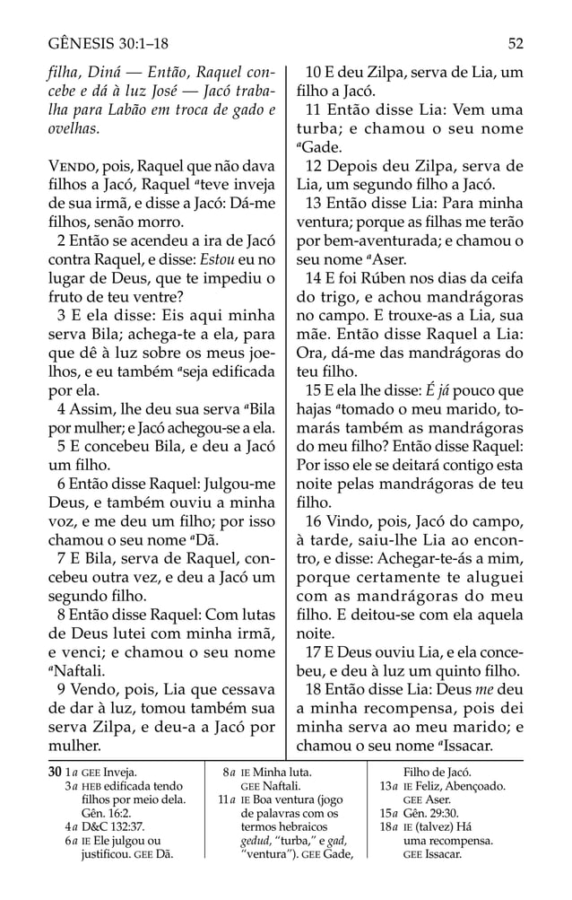 filha, Diná — Então, Raquel con-
cebe e dá à luz José — Jacó traba-
lha para Labão em troca de gado e
ovelhas.
VENDO, pois, Raquel que não dava
ﬁlhos a Jacó, Raquel a
teve inveja
de sua irmã, e disse a Jacó: Dá-me
ﬁlhos, senão morro.
2 Então se acendeu a ira de Jacó
contra Raquel, e disse: Estou eu no
lugar de Deus, que te impediu o
fruto de teu ventre?
3 E ela disse: Eis aqui minha
serva Bila; achega-te a ela, para
que dê à luz sobre os meus joe-
lhos, e eu também a
seja ediﬁcada
por ela.
4 Assim, lhe deu sua serva a
Bila
por mulher; e Jacó achegou-se a ela.
5 E concebeu Bila, e deu a Jacó
um ﬁlho.
6 Então disse Raquel: Julgou-me
Deus, e também ouviu a minha
voz, e me deu um ﬁlho; por isso
chamou o seu nome a
Dã.
7 E Bila, serva de Raquel, con-
cebeu outra vez, e deu a Jacó um
segundo ﬁlho.
8 Então disse Raquel: Com lutas
de Deus lutei com minha irmã,
e venci; e chamou o seu nome
a
Naftali.
9 Vendo, pois, Lia que cessava
de dar à luz, tomou também sua
serva Zilpa, e deu-a a Jacó por
mulher.
10 E deu Zilpa, serva de Lia, um
ﬁlho a Jacó.
11 Então disse Lia: Vem uma
turba; e chamou o seu nome
a
Gade.
12 Depois deu Zilpa, serva de
Lia, um segundo ﬁlho a Jacó.
13 Então disse Lia: Para minha
ventura; porque as ﬁlhas me terão
por bem-aventurada; e chamou o
seu nome a
Aser.
14 E foi Rúben nos dias da ceifa
do trigo, e achou mandrágoras
no campo. E trouxe-as a Lia, sua
mãe. Então disse Raquel a Lia:
Ora, dá-me das mandrágoras do
teu ﬁlho.
15 E ela lhe disse: É já pouco que
hajas a
tomado o meu marido, to-
marás também as mandrágoras
do meu ﬁlho? Então disse Raquel:
Por isso ele se deitará contigo esta
noite pelas mandrágoras de teu
ﬁlho.
16 Vindo, pois, Jacó do campo,
à tarde, saiu-lhe Lia ao encon-
tro, e disse: Achegar-te-ás a mim,
porque certamente te aluguei
com as mandrágoras do meu
ﬁlho. E deitou-se com ela aquela
noite.
17 E Deus ouviu Lia, e ela conce-
beu, e deu à luz um quinto ﬁlho.
18 Então disse Lia: Deus me deu
a minha recompensa, pois dei
minha serva ao meu marido; e
chamou o seu nome a
Issacar.
30 1a GEE Inveja.
3a HEB ediﬁcada tendo
ﬁlhos por meio dela.
Gên. 16:2.
4a D&C 132:37.
6a IE Ele julgou ou
justiﬁcou. GEE Dã.
8a IE Minha luta.
GEE Naftali.
11a IE Boa ventura (jogo
de palavras com os
termos hebraicos
gedud, “turba,” e gad,
“ventura”). GEE Gade,
Filho de Jacó.
13a IE Feliz, Abençoado.
GEE Aser.
15a Gên. 29:30.
18a IE (talvez) Há
uma recompensa.
GEE Issacar.
52
GÊNESIS 30:1–18
 