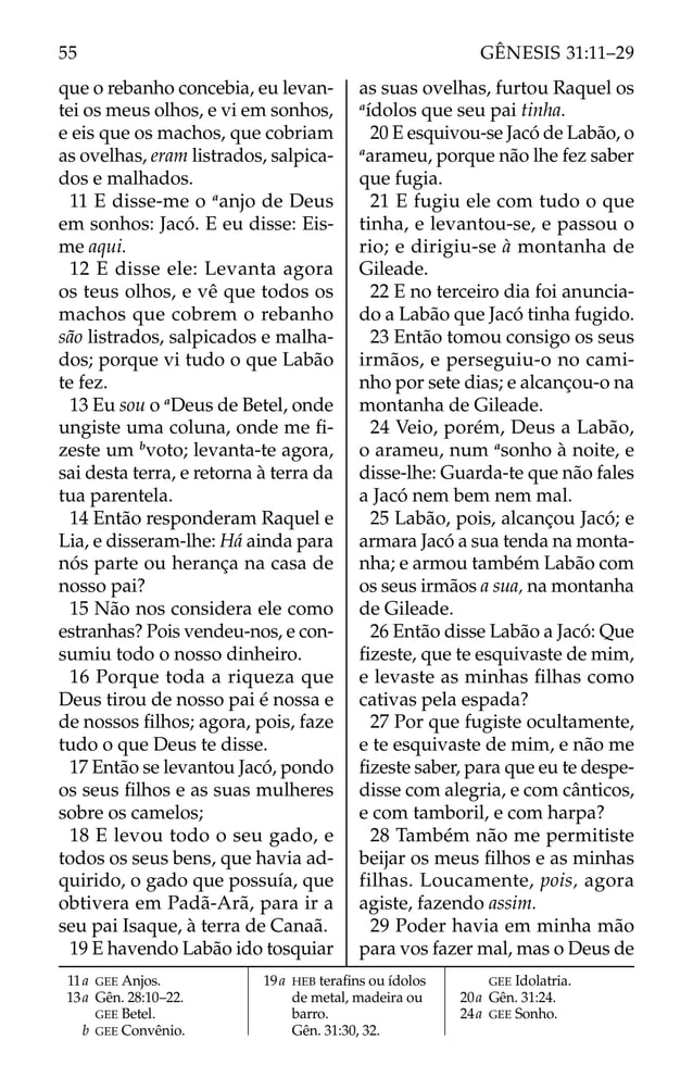 que o rebanho concebia, eu levan-
tei os meus olhos, e vi em sonhos,
e eis que os machos, que cobriam
as ovelhas, eram listrados, salpica-
dos e malhados.
11 E disse-me o a
anjo de Deus
em sonhos: Jacó. E eu disse: Eis-
me aqui.
12 E disse ele: Levanta agora
os teus olhos, e vê que todos os
machos que cobrem o rebanho
são listrados, salpicados e malha-
dos; porque vi tudo o que Labão
te fez.
13 Eu sou o a
Deus de Betel, onde
ungiste uma coluna, onde me ﬁ-
zeste um b
voto; levanta-te agora,
sai desta terra, e retorna à terra da
tua parentela.
14 Então responderam Raquel e
Lia, e disseram-lhe: Há ainda para
nós parte ou herança na casa de
nosso pai?
15 Não nos considera ele como
estranhas? Pois vendeu-nos, e con-
sumiu todo o nosso dinheiro.
16 Porque toda a riqueza que
Deus tirou de nosso pai é nossa e
de nossos ﬁlhos; agora, pois, faze
tudo o que Deus te disse.
17 Então se levantou Jacó, pondo
os seus ﬁlhos e as suas mulheres
sobre os camelos;
18 E levou todo o seu gado, e
todos os seus bens, que havia ad-
quirido, o gado que possuía, que
obtivera em Padã-Arã, para ir a
seu pai Isaque, à terra de Canaã.
19 E havendo Labão ido tosquiar
as suas ovelhas, furtou Raquel os
a
ídolos que seu pai tinha.
20 E esquivou-se Jacó de Labão, o
a
arameu, porque não lhe fez saber
que fugia.
21 E fugiu ele com tudo o que
tinha, e levantou-se, e passou o
rio; e dirigiu-se à montanha de
Gileade.
22 E no terceiro dia foi anuncia-
do a Labão que Jacó tinha fugido.
23 Então tomou consigo os seus
irmãos, e perseguiu-o no cami-
nho por sete dias; e alcançou-o na
montanha de Gileade.
24 Veio, porém, Deus a Labão,
o arameu, num a
sonho à noite, e
disse-lhe: Guarda-te que não fales
a Jacó nem bem nem mal.
25 Labão, pois, alcançou Jacó; e
armara Jacó a sua tenda na monta-
nha; e armou também Labão com
os seus irmãos a sua, na montanha
de Gileade.
26 Então disse Labão a Jacó: Que
ﬁzeste, que te esquivaste de mim,
e levaste as minhas ﬁlhas como
cativas pela espada?
27 Por que fugiste ocultamente,
e te esquivaste de mim, e não me
ﬁzeste saber, para que eu te despe-
disse com alegria, e com cânticos,
e com tamboril, e com harpa?
28 Também não me permitiste
beijar os meus ﬁlhos e as minhas
filhas. Loucamente, pois, agora
agiste, fazendo assim.
29 Poder havia em minha mão
para vos fazer mal, mas o Deus de
11a GEE Anjos.
13a Gên. 28:10–22.
GEE Betel.
b GEE Convênio.
19a HEB teraﬁns ou ídolos
de metal, madeira ou
barro.
Gên. 31:30, 32.
GEE Idolatria.
20a Gên. 31:24.
24a GEE Sonho.
55 GÊNESIS 31:11–29
 