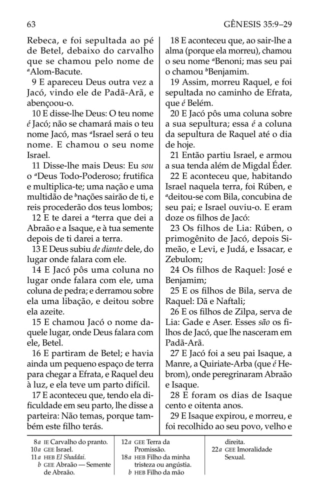 Rebeca, e foi sepultada ao pé
de Betel, debaixo do carvalho
que se chamou pelo nome de
a
Alom-Bacute.
9 E apareceu Deus outra vez a
Jacó, vindo ele de Padã-Arã, e
abençoou-o.
10 E disse-lhe Deus: O teu nome
é Jacó; não se chamará mais o teu
nome Jacó, mas a
Israel será o teu
nome. E chamou o seu nome
Israel.
11 Disse-lhe mais Deus: Eu sou
o a
Deus Todo-Poderoso; frutiﬁca
e multiplica-te; uma nação e uma
multidão de b
nações sairão de ti, e
reis procederão dos teus lombos;
12 E te darei a a
terra que dei a
Abraão e a Isaque, e à tua semente
depois de ti darei a terra.
13 E Deus subiu de diante dele, do
lugar onde falara com ele.
14 E Jacó pôs uma coluna no
lugar onde falara com ele, uma
coluna de pedra; e derramou sobre
ela uma libação, e deitou sobre
ela azeite.
15 E chamou Jacó o nome da-
quele lugar, onde Deus falara com
ele, Betel.
16 E partiram de Betel; e havia
ainda um pequeno espaço de terra
para chegar a Efrata, e Raquel deu
à luz, e ela teve um parto difícil.
17 E aconteceu que, tendo ela di-
ﬁculdade em seu parto, lhe disse a
parteira: Não temas, porque tam-
bém este ﬁlho terás.
18 E aconteceu que, ao sair-lhe a
alma (porque ela morreu), chamou
o seu nome a
Benoni; mas seu pai
o chamou b
Benjamim.
19 Assim, morreu Raquel, e foi
sepultada no caminho de Efrata,
que é Belém.
20 E Jacó pôs uma coluna sobre
a sua sepultura; essa é a coluna
da sepultura de Raquel até o dia
de hoje.
21 Então partiu Israel, e armou
a sua tenda além de Migdal Éder.
22 E aconteceu que, habitando
Israel naquela terra, foi Rúben, e
a
deitou-se com Bila, concubina de
seu pai; e Israel ouviu-o. E eram
doze os ﬁlhos de Jacó:
23 Os filhos de Lia: Rúben, o
primogênito de Jacó, depois Si-
meão, e Levi, e Judá, e Issacar, e
Zebulom;
24 Os filhos de Raquel: José e
Benjamim;
25 E os ﬁlhos de Bila, serva de
Raquel: Dã e Naftali;
26 E os ﬁlhos de Zilpa, serva de
Lia: Gade e Aser. Esses são os ﬁ-
lhos de Jacó, que lhe nasceram em
Padã-Arã.
27 E Jacó foi a seu pai Isaque, a
Manre, a Quiriate-Arba (que é He-
brom), onde peregrinaram Abraão
e Isaque.
28 E foram os dias de Isaque
cento e oitenta anos.
29 E Isaque expirou, e morreu, e
foi recolhido ao seu povo, velho e
8a IE Carvalho do pranto.
10a GEE Israel.
11a HEB El Shaddai.
b GEE Abraão — Semente
de Abraão.
12a GEE Terra da
Promissão.
18a HEB Filho da minha
tristeza ou angústia.
b HEB Filho da mão
direita.
22a GEE Imoralidade
Sexual.
63 GÊNESIS 35:9–29
 