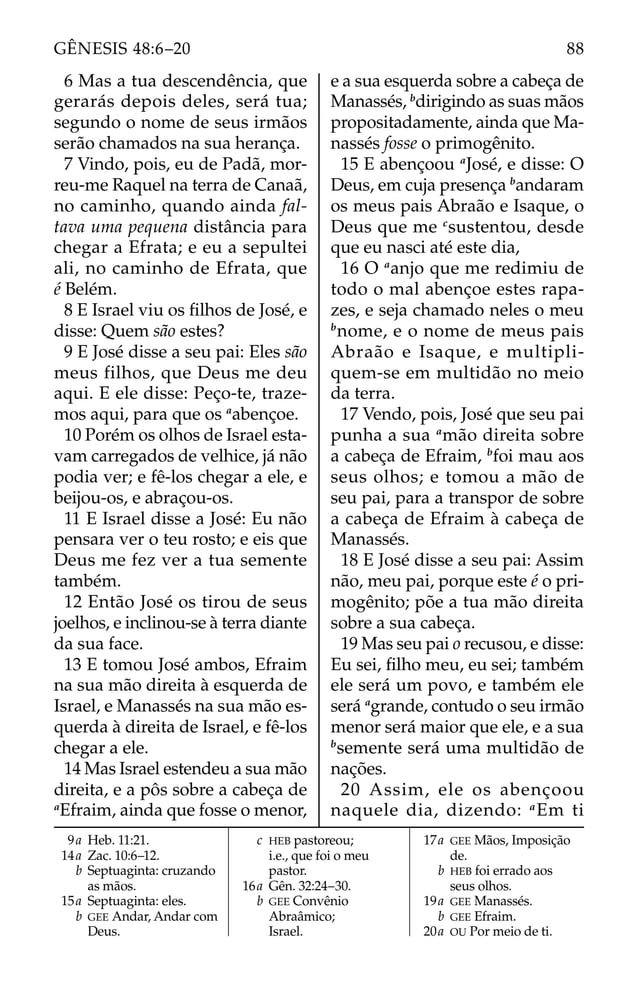 6 Mas a tua descendência, que
gerarás depois deles, será tua;
segundo o nome de seus irmãos
serão chamados na sua herança.
7 Vindo, pois, eu de Padã, mor-
reu-me Raquel na terra de Canaã,
no caminho, quando ainda fal-
tava uma pequena distância para
chegar a Efrata; e eu a sepultei
ali, no caminho de Efrata, que
é Belém.
8 E Israel viu os ﬁlhos de José, e
disse: Quem são estes?
9 E José disse a seu pai: Eles são
meus filhos, que Deus me deu
aqui. E ele disse: Peço-te, traze-
mos aqui, para que os a
abençoe.
10 Porém os olhos de Israel esta-
vam carregados de velhice, já não
podia ver; e fê-los chegar a ele, e
beijou-os, e abraçou-os.
11 E Israel disse a José: Eu não
pensara ver o teu rosto; e eis que
Deus me fez ver a tua semente
também.
12 Então José os tirou de seus
joelhos, e inclinou-se à terra diante
da sua face.
13 E tomou José ambos, Efraim
na sua mão direita à esquerda de
Israel, e Manassés na sua mão es-
querda à direita de Israel, e fê-los
chegar a ele.
14 Mas Israel estendeu a sua mão
direita, e a pôs sobre a cabeça de
a
Efraim, ainda que fosse o menor,
e a sua esquerda sobre a cabeça de
Manassés, b
dirigindo as suas mãos
propositadamente, ainda que Ma-
nassés fosse o primogênito.
15 E abençoou a
José, e disse: O
Deus, em cuja presença b
andaram
os meus pais Abraão e Isaque, o
Deus que me c
sustentou, desde
que eu nasci até este dia,
16 O a
anjo que me redimiu de
todo o mal abençoe estes rapa-
zes, e seja chamado neles o meu
b
nome, e o nome de meus pais
Abraão e Isaque, e multipli-
quem-se em multidão no meio
da terra.
17 Vendo, pois, José que seu pai
punha a sua a
mão direita sobre
a cabeça de Efraim, b
foi mau aos
seus olhos; e tomou a mão de
seu pai, para a transpor de sobre
a cabeça de Efraim à cabeça de
Manassés.
18 E José disse a seu pai: Assim
não, meu pai, porque este é o pri-
mogênito; põe a tua mão direita
sobre a sua cabeça.
19 Mas seu pai o recusou, e disse:
Eu sei, ﬁlho meu, eu sei; também
ele será um povo, e também ele
será a
grande, contudo o seu irmão
menor será maior que ele, e a sua
b
semente será uma multidão de
nações.
20 Assim, ele os abençoou
naquele dia, dizendo: a
Em ti
9a Heb. 11:21.
14a Zac. 10:6–12.
b Septuaginta: cruzando
as mãos.
15a Septuaginta: eles.
b GEE Andar, Andar com
Deus.
c HEB pastoreou;
i.e., que foi o meu
pastor.
16a Gên. 32:24–30.
b GEE Convênio
Abraâmico;
Israel.
17a GEE Mãos, Imposição
de.
b HEB foi errado aos
seus olhos.
19a GEE Manassés.
b GEE Efraim.
20a OU Por meio de ti.
88
GÊNESIS 48:6–20
 