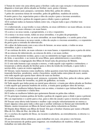 5 Tomai de entre vós uma oferta para o Senhor; cada um cujo coração é voluntariamente 
disposto a trará por oferta alçada ao Senhor: ouro, prata e bronze, 
6 como também azul, púrpura, carmesim, linho fino, pelos de cabras, 
7 peles de carneiros tintas de vermelho, peles de golfinhos, madeira de acácia, 
8 azeite para a luz, especiarias para o óleo da unção e para o incenso aromático, 
9 pedras de berilo e pedras de engaste para o éfode e para o peitoral. 
10 E venham todos os homens hábeis entre vós, e façam tudo o que o Senhor tem 
ordenado: 
11 o tabernáculo, a sua tenda e a sua coberta, os seus colchetes e as suas tábuas, os seus 
travessões, as suas colunas e as suas bases; 
12 a arca e os seus varais, o propiciatório, e o véu e reposteiro; 
13 a mesa e os seus varais, todos os seus utensílios, e os pães da proposição; 
14 o candelabro para a luz, os seus utensílios, as suas lâmpadas, e o azeite para a luz; 
15 o altar do incenso e os seus varais, o óleo da unção e o incenso aromático, e o reposteiro 
da porta para a entrada do tabernáculo; 
16 o altar do holocausto com o seu crivo de bronze, os seus varais, e todos os seus 
utensílios; a pia e a sua base; 
17 as cortinas do átrio, as suas colunas e as suas bases, o reposteiro para a porta do átrio; 
18 as estacas do tabernáculo, as estacas do átrio, e as suas cordas; 
19 as vestes finamente tecidas, para o uso no ministério no lugar santo, as vestes sagradas 
de Arão, o sacerdote, e as vestes de seus filhos, para administrarem o sacerdócio. 
20 Então toda a congregação dos filhos de Israel saiu da presença de Moisés. 
21 E veio todo homem cujo coração o moveu, e todo aquele cujo espírito o estimulava, e 
trouxeram a oferta alçada do Senhor para a obra da tenda da revelação, e para todo o 
serviço dela, e para as vestes sagradas. 
22 Vieram, tanto homens como mulheres, todos quantos eram bem dispostos de coração, 
trazendo broches, pendentes, anéis e braceletes, sendo todos estes jóias de ouro; assim 
veio todo aquele que queria fazer oferta de ouro ao Senhor. 
23 E todo homem que possuía azul, púrpura, carmesim, linho fino, pelos de cabras, peles 
de carneiros tintas de vermelho, ou peles de golfinhos, os trazia. 
24 Todo aquele que tinha prata ou metal para oferecer, o trazia por oferta alçada ao Senhor; 
e todo aquele que possuía madeira de acácia, a trazia para qualquer obra do serviço. 
25 E todas as mulheres hábeis fiavam com as mãos, e traziam o que tinham fiado, o azul e 
a púrpura, o carmesim e o linho fino. 
26 E todas as mulheres hábeis que quisessem fiavam os pelos das cabras. 
27 Os príncipes traziam pedras de berilo e pedras de engaste para o éfode e para o peitoral, 
28 e as especiarias e o azeite para a luz, para o óleo da unção e para o incenso aromático. 
29 Trouxe uma oferta todo homem e mulher cujo coração voluntariamente se moveu a 
trazer alguma coisa para toda a obra que o senhor ordenara se fizesse por intermédio de 
Moisés; assim trouxeram os filhos de Israel uma oferta voluntária ao Senhor. 
30 Depois disse Moisés aos filhos de Israel: Eis que o Senhor chamou por nome a Bezalel, 
filho de Uri, filho de Hur, da tribo de Judá, 
31 e o encheu do espírito de Deus, no tocante à sabedoria, ao entendimento, à ciência e a 
todo ofício, 
32 para inventar obras artísticas, para trabalhar em ouro, em prata e em bronze, 
33 em lavramento de pedras para engastar, em entalhadura de madeira, enfim, para 
trabalhar em toda obra fina. 
- 106 - 
 