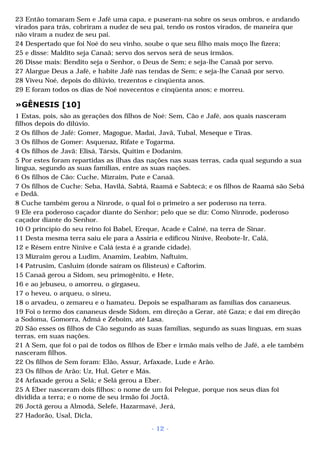 23 Então tomaram Sem e Jafé uma capa, e puseram-na sobre os seus ombros, e andando 
virados para trás, cobriram a nudez de seu pai, tendo os rostos virados, de maneira que 
não viram a nudez de seu pai. 
24 Despertado que foi Noé do seu vinho, soube o que seu filho mais moço lhe fizera; 
25 e disse: Maldito seja Canaã; servo dos servos será de seus irmãos. 
26 Disse mais: Bendito seja o Senhor, o Deus de Sem; e seja-lhe Canaã por servo. 
27 Alargue Deus a Jafé, e habite Jafé nas tendas de Sem; e seja-lhe Canaã por servo. 
28 Viveu Noé, depois do dilúvio, trezentos e cinqüenta anos. 
29 E foram todos os dias de Noé novecentos e cinqüenta anos; e morreu. 
»GÊNESIS [10] 
1 Estas, pois, são as gerações dos filhos de Noé: Sem, Cão e Jafé, aos quais nasceram 
filhos depois do dilúvio. 
2 Os filhos de Jafé: Gomer, Magogue, Madai, Javã, Tubal, Meseque e Tiras. 
3 Os filhos de Gomer: Asquenaz, Rifate e Togarma. 
4 Os filhos de Javã: Elisá, Társis, Quitim e Dodanim. 
5 Por estes foram repartidas as ilhas das nações nas suas terras, cada qual segundo a sua 
língua, segundo as suas famílias, entre as suas nações. 
6 Os filhos de Cão: Cuche, Mizraim, Pute e Canaã. 
7 Os filhos de Cuche: Seba, Havilá, Sabtá, Raamá e Sabtecá; e os filhos de Raamá são Sebá 
e Dedã. 
8 Cuche também gerou a Ninrode, o qual foi o primeiro a ser poderoso na terra. 
9 Ele era poderoso caçador diante do Senhor; pelo que se diz: Como Ninrode, poderoso 
caçador diante do Senhor. 
10 O princípio do seu reino foi Babel, Ereque, Acade e Calné, na terra de Sinar. 
11 Desta mesma terra saiu ele para a Assíria e edificou Nínive, Reobote-Ir, Calá, 
12 e Résem entre Nínive e Calá (esta é a grande cidade). 
13 Mizraim gerou a Ludim, Anamim, Leabim, Naftuim, 
14 Patrusim, Casluim (donde saíram os filisteus) e Caftorim. 
15 Canaã gerou a Sidom, seu primogênito, e Hete, 
16 e ao jebuseu, o amorreu, o girgaseu, 
17 o heveu, o arqueu, o sineu, 
18 o arvadeu, o zemareu e o hamateu. Depois se espalharam as famílias dos cananeus. 
19 Foi o termo dos cananeus desde Sidom, em direção a Gerar, até Gaza; e daí em direção 
a Sodoma, Gomorra, Admá e Zeboim, até Lasa. 
20 São esses os filhos de Cão segundo as suas famílias, segundo as suas línguas, em suas 
terras, em suas nações. 
21 A Sem, que foi o pai de todos os filhos de Eber e irmão mais velho de Jafé, a ele também 
nasceram filhos. 
22 Os filhos de Sem foram: Elão, Assur, Arfaxade, Lude e Arão. 
23 Os filhos de Arão: Uz, Hul, Geter e Más. 
24 Arfaxade gerou a Selá; e Selá gerou a Eber. 
25 A Eber nasceram dois filhos: o nome de um foi Pelegue, porque nos seus dias foi 
dividida a terra; e o nome de seu irmão foi Joctã. 
26 Joctã gerou a Almodá, Selefe, Hazarmavé, Jerá, 
27 Hadorão, Usal, Dicla, 
- 12 - 
 