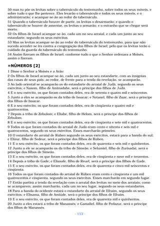 50 mas tu põe os levitas sobre o tabernáculo do testemunho, sobre todos os seus móveis, e 
sobre tudo o que lhe pertence. Eles levarão o tabernáculo e todos os seus móveis, e o 
administrarão; e acampar-se-ão ao redor do tabernáculo. 
51 Quando o tabernáculo houver de partir, os levitas o desarmarão; e quando o 
tabernáculo se houver de assentar, os levitas o armarão; e o estranho que se chegar será 
morto. 
52 Os filhos de Israel acampar-se-ão, cada um no seu arraial, e cada um junto ao seu 
estandarte, segundo os seus exércitos. 
53 Mas os levitas acampar-se-ão ao redor do tabernáculo do testemunho, para que não 
suceda acender-se ira contra a congregação dos filhos de Israel; pelo que os levitas terão o 
cuidado da guarda do tabernáculo do testemunho. 
54 Assim fizeram os filhos de Israel; conforme tudo o que o Senhor ordenara a Moisés, 
assim o fizeram. 
»NÚMEROS [2] 
1 Disse o Senhor a Moisés e a Arão: 
2 Os filhos de Israel acampar-se-ão, cada um junto ao seu estandarte, com as insígnias 
das casas de seus pais; ao redor, de frente para a tenda da revelação, se acamparão. 
3 Ao lado oriental se acamparão os do estandarte do arraial de Judá, segundo os seus 
exércitos; e Nasom, filho de Aminadabe, será o príncipe dos filhos de Judá. 
4 E o seu exército, os que foram contados deles, era de setenta e quatro mil e seiscentos. 
5 Junto a eles se acamparão os da tribo de Issacar; e Netanel, filho de Zuar, será o príncipe 
dos filhos de Issacar. 
6 E o seu exército, os que foram contados deles, era de cinqüenta e quatro mil e 
quatrocentos. 
7 Depois a tribo de Zebulom; e Eliabe, filho de Helom, será o príncipe dos filhos de 
Zebulom. 
8 E o seu exército, os que foram contados deles, era de cinqüenta e sete mil e quatrocentos. 
9 Todos os que foram contados do arraial de Judá eram cento e oitenta e seis mil e 
quatrocentos, segundo os seus exércitos. Esses marcharão primeiro. 
10 O estandarte do arraial de Rúben segundo os seus exércitos, estará para a banda do sul; 
e Elizur, filho de Sedeur, será o príncipe dos filhos de Rúben. 
11 E o seu exército, os que foram contados deles, era de quarenta e seis mil e quinhentos. 
12 Junto a ele se acamparão os da tribo de Simeão; e Selumiel, filho de Zurisadai, será o 
príncipe dos filhos de Simeão. 
13 E o seu exército, os que foram contados deles, era de cinqüenta e nove mil e trezentos. 
14 Depois a tribo de Gade; e Eliasafe, filho de Reuel, será o príncipe dos filhos de Gade. 
15 E o seu exército, os que foram contados deles, era de quarenta e cinco mil seiscentos e 
cinqüenta. 
16 Todos os que foram contados do arraial de Rúben eram cento e cinqüenta e um mil 
quatrocentos e cinqüenta, segundo os seus exércitos. Esses marcharão em segundo lugar. 
17 Então partirá a tenda da revelação com o arraial dos levitas no meio dos arraiais; como 
se acamparem, assim marcharão, cada um no seu lugar, segundo os seus estandartes. 
18 Para a banda do ocidente estará o estandarte do arraial de Efraim, segundo os seus 
exércitos; e Elisama, filho de Amiúde, será o príncipe dos filhos de Efraim. 
19 E o seu exército, os que foram contados deles, era de quarenta mil e quinhentos. 
20 Junto a eles estará a tribo de Manassés; e Gamaliel, filho de Pedazur, será o príncipe 
dos filhos de Manassés. 
- 153 - 
 