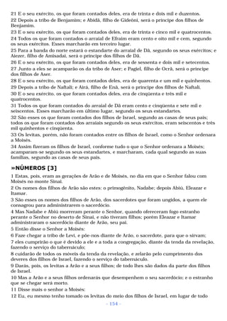 21 E o seu exército, os que foram contados deles, era de trinta e dois mil e duzentos. 
22 Depois a tribo de Benjamim; e Abidã, filho de Gideôni, será o príncipe dos filhos de 
Benjamim. 
23 E o seu exército, os que foram contados deles, era de trinta e cinco mil e quatrocentos. 
24 Todos os que foram contados o arraial de Efraim eram cento e oito mil e cem, segundo 
os seus exércitos. Esses marcharão em terceiro lugar. 
25 Para a banda do norte estará o estandarte do arraial de Dã, segundo os seus exércitos; e 
Aiezer, filho de Amisadai, será o príncipe dos filhos de Dã. 
26 E o seu exército, os que foram contados deles, era de sessenta e dois mil e setecentos. 
27 Junto a eles se acamparão os da tribo de Aser; e Pagiel, filho de Ocrã, será o príncipe 
dos filhos de Aser. 
28 E o seu exército, os que foram contados deles, era de quarenta e um mil e quinhentos. 
29 Depois a tribo de Naftali; e Airá, filho de Enã, será o príncipe dos filhos de Naftali. 
30 E o seu exército, os que foram contados deles, era de cinqüenta e três mil e 
quatrocentos. 
31 Todos os que foram contados do arraial de Dã eram cento e cinqüenta e sete mil e 
seiscentos. Esses marcharão em último lugar, segundo os seus estandartes. 
32 São esses os que foram contados dos filhos de Israel, segundo as casas de seus pais; 
todos os que foram contados dos arraiais segundo os seus exércitos, eram seiscentos e três 
mil quinhentos e cinqüenta. 
33 Os levitas, porém, não foram contados entre os filhos de Israel, como o Senhor ordenara 
a Moisés. 
34 Assim fizeram os filhos de Israel, conforme tudo o que o Senhor ordenara a Moisés; 
acamparam-se segundo os seus estandartes, e marcharam, cada qual segundo as suas 
famílias, segundo as casas de seus pais. 
»NÚMEROS [3] 
1 Estas, pois, eram as gerações de Arão e de Moisés, no dia em que o Senhor falou com 
Moisés no monte Sinai. 
2 Os nomes dos filhos de Arão são estes: o primogênito, Nadabe; depois Abiú, Eleazar e 
Itamar. 
3 São esses os nomes dos filhos de Arão, dos sacerdotes que foram ungidos, a quem ele 
consagrou para administrarem o sacerdócio. 
4 Mas Nadabe e Abiú morreram perante o Senhor, quando ofereceram fogo estranho 
perante o Senhor no deserto de Sinai, e não tiveram filhos; porém Eleazar e Itamar 
administraram o sacerdócio diante de Arão, seu pai. 
5 Então disse o Senhor a Moisés: 
6 Faze chegar a tribo de Levi, e põe-nos diante de Arão, o sacerdote, para que o sirvam; 
7 eles cumprirão o que é devido a ele e a toda a congregação, diante da tenda da revelação, 
fazendo o serviço do tabernáculo; 
8 cuidarão de todos os móveis da tenda da revelação, e zelarão pelo cumprimento dos 
deveres dos filhos de Israel, fazendo o serviço do tabernáculo. 
9 Darás, pois, os levitas a Arão e a seus filhos; de todo lhes são dados da parte dos filhos 
de Israel. 
10 Mas a Arão e a seus filhos ordenarás que desempenhem o seu sacerdócio; e o estranho 
que se chegar será morto. 
11 Disse mais o senhor a Moisés: 
12 Eu, eu mesmo tenho tomado os levitas do meio dos filhos de Israel, em lugar de todo 
- 154 - 
 