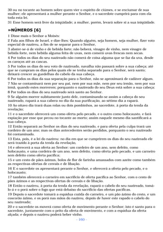 30 ou no tocante ao homem sobre quem vier o espírito de ciúmes, e se enciumar de sua 
mulher; ele apresentará a mulher perante o Senhor, e o sacerdote cumprirá para com ela 
toda esta lei. 
31 Esse homem será livre da iniqüidade; a mulher, porém, levará sobre si a sua iniqüidade. 
»NÚMEROS [6] 
1 Disse mais o Senhor a Moisés: 
2 Fala aos filhos de Israel, e dize-lhes: Quando alguém, seja homem, seja mulher, fizer voto 
especial de nazireu, a fim de se separar para o Senhor, 
3 abster-se-á de vinho e de bebida forte; não beberá, vinagre de vinho, nem vinagre de 
bebida forte, nem bebida alguma feita de uvas, nem comerá uvas frescas nem secas. 
4 Por todos os dias do seu nazireado não comerá de coisa alguma que se faz da uva, desde 
os caroços até as cascas. 
5 Por todos os dias do seu voto de nazireado, navalha não passará sobre a sua cabeça; até 
que se cumpram os dias pelos quais ele se tenha separado para o Senhor, será santo; 
deixará crescer as guedelhas do cabelo da sua cabeça. 
6 Por todos os dias da sua separação para o Senhor, não se aproximará de cadáver algum. 
7 Não se contaminará nem por seu pai, nem por sua mãe, nem por seu irmão, nem por sua 
irmã, quando estes morrerem; porquanto o nazireado do seu Deus está sobre a sua cabeça: 
8 Por todos os dias do seu nazireado será santo ao Senhor. 
9 Se alguém morrer subitamente junto dele, contaminando-se assim a cabeça do seu 
nazireado, rapará a sua cabera no dia da sua purificação, ao sétimo dia a rapará. 
10 Ao oitavo dia trará duas rolas ou dois pombinhos, ao sacerdote, à porta da tenda da 
revelação; 
11 e o sacerdote oferecerá um como oferta pelo pecado, e o outro como holocausto, e fará 
expiação por esse que pecou no tocante ao morto; assim naquele mesmo dia santificará a 
sua cabeça. 
12 Então separará ao Senhor os dias do seu nazireado, e para oferta pela culpa trará um 
cordeiro de um ano; mas os dias antecedentes serão perdidos, porquanto o seu nazireado 
foi contaminado. 
13 Esta, pois, é a lei do nazireu: no dia em que se cumprirem os dias do seu nazireado ele 
será trazido à porta da tenda da revelação, 
14 e oferecerá a sua oferta ao Senhor: um cordeiro de um ano, sem defeito, como 
holocausto, e uma cordeira de um ano, sem defeito, como oferta pelo pecado, e um carneiro 
sem defeito como oferta pacífica; 
15 e um cesto de pães ázimos, bolos de flor de farinha amassados com azeite como também 
as respectivas ofertas de cereais e de libação. 
16 E o sacerdote os apresentará perante o Senhor, e oferecerá a oferta pelo pecado, e o 
holocausto; 
17 também oferecerá o carneiro em sacrifício de oferta pacífica ao Senhor, com o cesto de 
pães ázimos e as respectivas ofertas de cereais e de libação. 
18 Então o nazireu, à porta da tenda da revelação, rapará o cabelo do seu nazireado, tomá-lo- 
á e o porá sobre o fogo que está debaixo do sacrifício das ofertas pacíficas. 
19 Depois o sacerdote tomará a espádua cozida do carneiro, e um pão ázimo do cesto, e um 
coscorão ázimo, e os porá nas mãos do nazireu, depois de haver este rapado o cabelo do 
seu nazireado; 
20 e o sacerdote os moverá como oferta de movimento perante o Senhor; isto é santo para o 
sacerdote, juntamente com o peito da oferta de movimento, e com a espádua da oferta 
alçada; e depois o nazireu poderá beber vinho. 
- 160 - 
 