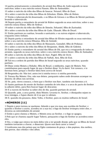14 partiu primeiramente o estandarte do arraial dos filhos de Judá segundo os seus 
exércitos; sobre o seu exército estava Nasom, filho de Aminadabe; 
15 sobre o exército da tribo dos filhos de Issacar, Netanel, filho de Zuar; 
16 e sobre o exército da tribo dos filhos de Zebulom, Eliabe, filho de Helom. 
17 Então o tabernáculo foi desarmado, e os filhos de Gérson e os filhos de Merári partiram, 
levando o tabernáculo. 
18 Depois partiu o estandarte do arraial de Rúben segundo os seus exércitos; sobre o seu 
exército estava Elizur, filho de Sedeur; 
19 sobre o exército da tribo dos filhos de Simeão, Selumiel, filho de Zurisadai; 
20 e sobre o exército da tribo dos filhos de Gade, Eliasafe, filho de Deuel. 
21 Então partiram os coatitas, levando o santuário; e os outros erigiam o tabernáculo, 
enquanto estes vinham. 
22 Depois partiu o estandarte do arraial dos filhos de Efraim segundo os seus exércitos; 
sobre o seu exército estava Elisama, filho de Amiúde; 
23 sobre o exército da tribo dos filhos de Manassés, Gamaliel, filho de Pedazur; 
24 e sobre o exército da tribo dos filhos de Benjamim, Abidã, filho de Gideôni. 
25 Então partiu o estandarte do arraial dos filhos de Dã, que era a retaguarda de todos os 
arraiais, segundo os seus exércitos; sobre o seu exército estava Aiezer, filho de Amisadai; 
26 sobre o exército da tribo dos filhos de Aser, Pagiel, filho de Ocrã; 
27 e sobre o exército da tribo dos filhos de Naftali, Airá, filho de Enã. 
28 Tal era a ordem de partida dos filhos de Israel segundo os seus exércitos, quando 
partiam. 
29 Disse então Moisés a Hobabe, filho de Reuel, o midianita, sogro de Moisés: Nós 
caminhamos para aquele lugar de que o Senhor disse: Vo-lo darei. Vai conosco, e te 
faremos bem; porque o Senhor falou bem acerca de Israel. 
30 Respondeu ele: Não irei; antes irei à minha terra e à minha parentela. 
31 Tornou-lhe Moisés: Ora, não nos deixes, porquanto sabes onde devamos acampar no 
deserto; de olhos nos serviras. 
32 Se, pois, vieres conosco, o bem que o Senhor nos fizer, também nós faremos a ti. 
33 Assim partiram do monte do Senhor caminho de três dias; e a arca do pacto do Senhor 
ia adiante deles, para lhes buscar lugar de descanso. 
34 E a nuvem do Senhor ia sobre eles de dia, quando partiam do arraial. 
35 Quando, pois, a arca partia, dizia Moisés: Levanta-te, Senhor, e dissipados sejam os 
teus inimigos, e fujam diante de ti os que te odeiam. 
36 E, quando ela pousava, dizia: Volta, ó Senhor, para os muitos milhares de Israel. 
»NÚMEROS [11] 
1 Depois o povo tornou-se queixoso, falando o que era mau aos ouvidos do Senhor; e 
quando o Senhor o ouviu, acendeu-se a sua ira; o fogo do Senhor irrompeu entre eles, e 
devorou as extremidades do arraial. 
2 Então o povo clamou a Moisés, e Moisés orou ao Senhor, e o fogo se apagou. 
3 Pelo que se chamou aquele lugar Taberá, porquanto o fogo do Senhor se acendera entre 
eles. 
4 Ora, o vulgo que estava no meio deles veio a ter grande desejo; pelo que os filhos de Israel 
também tornaram a chorar, e disseram: Quem nos dará carne a comer? 
5 Lembramo-nos dos peixes que no Egito comíamos de graça, e dos pepinos, dos melões, 
dos porros, das cebolas e dos alhos. 
- 167 - 
 