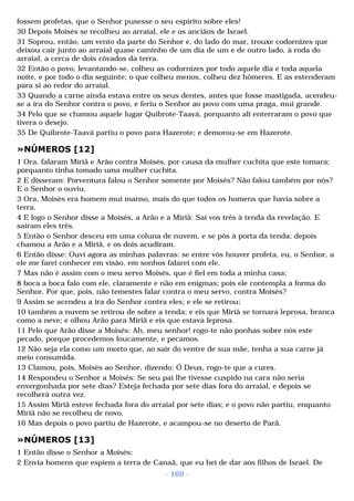 fossem profetas, que o Senhor pusesse o seu espírito sobre eles! 
30 Depois Moisés se recolheu ao arraial, ele e os anciãos de Israel. 
31 Soprou, então, um vento da parte do Senhor e, do lado do mar, trouxe codornizes que 
deixou cair junto ao arraial quase caminho de um dia de um e de outro lado, à roda do 
arraial, a cerca de dois côvados da terra. 
32 Então o povo, levantando-se, colheu as codornizes por todo aquele dia e toda aquela 
noite, e por todo o dia seguinte; o que colheu menos, colheu dez hômeres. E as estenderam 
para si ao redor do arraial. 
33 Quando a carne ainda estava entre os seus dentes, antes que fosse mastigada, acendeu-se 
a ira do Senhor contra o povo, e feriu o Senhor ao povo com uma praga, mui grande. 
34 Pelo que se chamou aquele lugar Quibrote-Taavá, porquanto ali enterraram o povo que 
tivera o desejo. 
35 De Quibrote-Taavá partiu o povo para Hazerote; e demorou-se em Hazerote. 
»NÚMEROS [12] 
1 Ora, falaram Miriã e Arão contra Moisés, por causa da mulher cuchita que este tomara; 
porquanto tinha tomado uma mulher cuchita. 
2 E disseram: Porventura falou o Senhor somente por Moisés? Não falou também por nós? 
E o Senhor o ouviu. 
3 Ora, Moisés era homem mui manso, mais do que todos os homens que havia sobre a 
terra. 
4 E logo o Senhor disse a Moisés, a Arão e a Miriã: Saí vos três à tenda da revelação. E 
saíram eles três. 
5 Então o Senhor desceu em uma coluna de nuvem, e se pôs à porta da tenda; depois 
chamou a Arão e a Miriã, e os dois acudiram. 
6 Então disse: Ouvi agora as minhas palavras: se entre vós houver profeta, eu, o Senhor, a 
ele me farei conhecer em visão, em sonhos falarei com ele. 
7 Mas não é assim com o meu servo Moisés, que é fiel em toda a minha casa; 
8 boca a boca falo com ele, claramente e não em enigmas; pois ele contempla a forma do 
Senhor. Por que, pois, não temestes falar contra o meu servo, contra Moisés? 
9 Assim se acendeu a ira do Senhor contra eles; e ele se retirou; 
10 também a nuvem se retirou de sobre a tenda; e eis que Miriã se tornara leprosa, branca 
como a neve; e olhou Arão para Miriã e eis que estava leprosa. 
11 Pelo que Arão disse a Moisés: Ah, meu senhor! rogo-te não ponhas sobre nós este 
pecado, porque procedemos loucamente, e pecamos. 
12 Não seja ela como um morto que, ao sair do ventre de sua mãe, tenha a sua carne já 
meio consumida. 
13 Clamou, pois, Moisés ao Senhor, dizendo: Ó Deus, rogo-te que a cures. 
14 Respondeu o Senhor a Moisés: Se seu pai lhe tivesse cuspido na cara não seria 
envergonhada por sete dias? Esteja fechada por sete dias fora do arraial, e depois se 
recolherá outra vez. 
15 Assim Miriã esteve fechada fora do arraial por sete dias; e o povo não partiu, enquanto 
Miriã não se recolheu de novo. 
16 Mas depois o povo partiu de Hazerote, e acampou-se no deserto de Parã. 
»NÚMEROS [13] 
1 Então disse o Senhor a Moisés: 
2 Envia homens que espiem a terra de Canaã, que eu hei de dar aos filhos de Israel. De 
- 169 - 
 