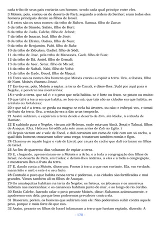 cada tribo de seus pais enviarás um homem, sendo cada qual príncipe entre eles. 
3 Moisés, pois, enviou-os do deserto de Parã, segundo a ordem do Senhor; eram todos eles 
homens principais dentre os filhos de Israel. 
4 E estes são os seus nomes: da tribo de Rúben, Samua, filho de Zacur; 
5 da tribo de Simeão, Safate, filho de Hori; 
6 da tribo de Judá, Calebe, filho de Jefoné; 
7 da tribo de Issacar, Ioal, filho de José; 
8 da tribo de Efraim, Oséias, filho de Num; 
9 da tribo de Benjamim, Palti, filho de Rafu; 
10 da tribo de Zebulom, Gadiel, filho de Sódi; 
11 da tribo de José, pela tribo de Manassés, Gadi, filho de Susi; 
12 da tribo de Dã, Amiel, filho de Gemali; 
13 da tribo de Aser, Setur, filho de Micael; 
14 da tribo de Naftali, Nabi, filho de Vofsi; 
15 da tribo de Gade, Geuel, filho de Maqui. 
16 Estes são os nomes dos homens que Moisés enviou a espiar a terra. Ora, a Oséias, filho 
de Num, Moisés chamou Josué. 
17 Enviou-os, pois, Moisés a espiar: a terra de Canaã, e disse-lhes: Subi por aqui para o 
Negebe, e penetrai nas montanhas; 
18 e vede a terra, que tal é; e o povo que nela habita, se é forte ou fraco, se pouco ou muito; 
19 que tal é a terra em que habita, se boa ou má; que tais são as cidades em que habita, se 
arraiais ou fortalezas; 
20 e que tal é a terra, se gorda ou magra; se nela há árvores, ou não; e esforçai-vos, e tomai 
do fruto da terra. Ora, a estação era a das uvas temporãs. 
21 Assim subiram, e espiaram a terra desde o deserto de Zim, até Reobe, à entrada de 
Hamate. 
22 E subindo para o Negebe, vieram até Hebrom, onde estavam Aimã, Sesai e Talmai, filhos 
de Anaque. (Ora, Hebrom foi edificada sete anos antes de Zoã no Egito. ) 
23 Depois vieram até e vale de Escol, e dali cortaram um ramo de vide com um só cacho, o 
qual dois homens trouxeram sobre uma verga; trouxeram também romãs e figos. 
24 Chamou-se aquele lugar o vale de Escol, por causa do cacho que dali cortaram os filhos 
de Israel. 
25 Ao fim de quarenta dias voltaram de espiar a terra. 
26 E, chegando, apresentaram-se a Moisés e a Arão, e a toda a congregação dos filhos de 
Israel, no deserto de Parã, em Cades; e deram-lhes notícias, a eles e a toda a congregação, 
e mostraram-lhes o fruto da terra. 
27 E, dando conta a Moisés, disseram: Fomos à terra a que nos enviaste. Ela, em verdade, 
mana leite e mel; e este é o seu fruto. 
28 Contudo o povo que habita nessa terra é poderoso, e as cidades são fortificadas e mui 
grandes. Vimos também ali os filhos de Anaque. 
29 Os amalequitas habitam na terra do Negebe; os heteus, os jebuseus e os amorreus 
habitam nas montanhas; e os cananeus habitam junto do mar, e ao longo do rio Jordão. 
30 Então Calebe, fazendo calar o povo perante Moisés, disse: Subamos animosamente, e 
apoderemo-nos dela; porque bem poderemos prevalecer contra ela. 
31 Disseram, porém, os homens que subiram com ele: Não poderemos subir contra aquele 
povo, porque é mais forte do que nos. 
32 Assim, perante os filhos de Israel infamaram a terra que haviam espiado, dizendo: A 
- 170 - 
 