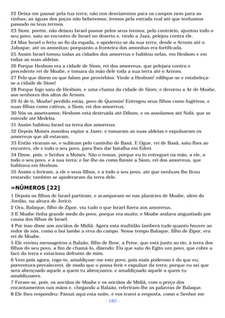 22 Deixa-me passar pela tua terra; não nos desviaremos para os campos nem para as 
vinhas; as águas dos poços não beberemos; iremos pela estrada real até que tenhamos 
passado os teus termos. 
23 Siom, porém, não deixou Israel passar pelos seus termos; pelo contrário, ajuntou todo o 
seu povo, saiu ao encontro de Israel no deserto e, vindo a Jaza, pelejou contra ele. 
24 Mas Israel o feriu ao fio da espada, e apoderou-se da sua terra, desde o Arnom até o 
Jaboque, até os amonitas; porquanto a fronteira dos amonitas era fortificada. 
25 Assim Israel tomou todas as cidades dos amorreus e habitou nelas, em Hesbom e em 
todas as suas aldeias. 
26 Porque Hesbom era a cidade de Siom, rei dos amorreus, que pelejara contra o 
precedente rei de Moabe, e tomara da mão dele toda a sua terra até o Arnom. 
27 Pelo que dizem os que falam por provérbios: Vinde a Hesbom! edifique-se e estabeleça-se 
a cidade de Siom! 
28 Porque fogo saiu de Hesbom, e uma chama da cidade de Siom; e devorou a Ar de Moabe, 
aos senhores dos altos do Arnom. 
29 Ai de ti, Moabe! perdido estás, povo de Quemós! Entregou seus filhos como fugitivos, e 
suas filhas como cativas, a Siom, rei dos amorreus. 
30 Nós os asseteamos; Hesbom está destruída até Dibom, e os assolamos até Nofá, que se 
estende até Medeba. 
31 Assim habitou Israel na terra dos amorreus. 
32 Depois Moisés mandou espiar a Jazer, e tomaram as suas aldeias e expulsaram os 
amorreus que ali estavam. 
33 Então viraram-se, e subiram pelo caminho de Basã. E Ogue, rei de Basã, saiu-lhes ao 
encontro, ele e todo o seu povo, para lhes dar batalha em Edrei. 
34 Disse, pois, o Senhor a Moisés: Não o temas, porque eu to entreguei na mão, a ele, a 
todo o seu povo, e à sua terra; e far-lhe-ás como fizeste a Siom, rei dos amorreus, que 
habitava em Hesbom. 
35 Assim o feriram, a ele e seus filhos, e a todo o seu povo, até que nenhum lhe ficou 
restando; também se apoderaram da terra dele. 
»NÚMEROS [22] 
1 Depois os filhos de Israel partiram, e acamparam-se nas planícies de Moabe, além do 
Jordão, na altura de Jericó. 
2 Ora, Balaque, filho de Zipor, viu tudo o que Israel fizera aos amorreus. 
3 E Moabe tinha grande medo do povo, porque era muito; e Moabe andava angustiado por 
causa dos filhos de Israel. 
4 Por isso disse aos anciãos de Midiã: Agora esta multidão lamberá tudo quanto houver ao 
redor de nós, como o boi lambe a erva do campo. Nesse tempo Balaque, filho de Zipor, era 
rei de Moabe. 
5 Ele enviou mensageiros a Balaão, filho de Beor, a Petor, que está junto ao rio, à terra dos 
filhos do seu povo, a fim de chamá-lo, dizendo: Eis que saiu do Egito um povo, que cobre a 
face da terra e estaciona defronte de mim. 
6 Vem pois agora, rogo-te, amaldiçoar-me este povo, pois mais poderoso é do que eu; 
porventura prevalecerei, de modo que o possa ferir e expulsar da terra; porque eu sei que 
será abençoado aquele a quem tu abençoares, e amaldiçoado aquele a quem tu 
amaldiçoares. 
7 Foram-se, pois, os anciãos de Moabe e os anciãos de Midiã, com o preço dos 
encantamentos nas mãos e, chegando a Balaão, referiram-lhe as palavras de Balaque. 
8 Ele lhes respondeu: Passai aqui esta noite, e vos trarei a resposta, como o Senhor me 
- 182 - 
 
