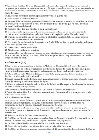 7 Vendo isso Finéias, filho de Eleazar, filho do sacerdote Arão, levantou-se do meio da 
congregação, e tomou na mão uma lança; o foi após o israelita, e entrando na sua tenda, os 
atravessou a ambos, ao israelita e à mulher, pelo ventre. Então a praga cessou de sobre os 
filhos de Israel. 
9 Ora, os que morreram daquela praga foram vinte e quatro mil. 
10 Então disse o Senhor a Moisés: 
11 Finéias, filho de Eleazar, filho do sacerdote Arão, desviou a minha ira de sobre os filhos 
de Israel, pois foi zeloso com o meu zelo no meio deles, de modo que no meu zelo não 
consumi os filhos de Israel. 
12 Portanto dize: Eis que lhe dou o meu pacto de paz, 
13 e será para ele e para a sua descendência depois dele, o pacto de um sacerdócio 
perpétuo; porquanto foi zeloso pelo seu Deus, e fez expiação pelos filhos de Israel. 
14 O nome do israelita que foi morto com a midianita era Zinri, filho de Salu, príncipe 
duma casa paterna entre os simeonitas. 
15 E o nome da mulher midianita morta era Cozbi, filha de Zur; o qual era cabeça do povo 
duma casa paterna em Midiã. 
16 Disse mais o Senhor a Moisés: 
17 Afligi vós os midianitas e feri-os; 
18 porque eles vos afligiram a vós com as suas ciladas com que vos enganaram no caso de 
Peor, e no caso de Cozbi, sua irmã, filha do príncipe de Midiã, a qual foi morta no dia da 
praga no caso de Peor. 
»NÚMEROS [26] 
1 Depois daquela praga disse o Senhor a Moisés e a Eleazar, filho do sacerdote Arão: 
2 Tomai a soma de toda a congregação dos filhos de Israel, da idade de vinte anos para 
cima, segundo as casas e seus pais, todos os que em Israel podem sair à guerra. 
3 Falaram-lhes, pois, Moisés e Eleazar o sacerdote, nas planícies de Moabe, junto ao 
Jordão, na altura de Jericó, dizendo: 
4 Contai o povo da idade de vinte anos para cima; como o Senhor ordenara a Moisés e aos 
filhos de Israel que saíram da terra do Egito. 
5 Rúben, o primogênito de Israel; os filhos de Rúben: de Hanoque, a família dos hanoquitas; 
de Palu, a família dos paluítas; 
6 de Hezrom, a família dos hezronitas; de Carmi, a família dos carmitas. 
7 Estas são as famílias dos rubenitas; os que foram deles contados eram quarenta e três 
mil setecentos e trinta. 
8 E o filho de Palu: Eliabe. 
9 Os filhos de Eliabe: Nemuel, Dato e Abirão. Estes são aqueles Datã e Abirão que foram 
chamados da congregação, os quais contenderam contra Moisés e contra Arão na 
companhia de Corá, quando contenderam contra o Senhor, 
10 e a terra abriu a boca, e os tragou juntamente com Corá, quando pereceu aquela 
companhia; quando o fogo devorou duzentos e cinqüenta homens, os quais serviram de 
advertência. 
11 Todavia os filhos de Corá não morreram. 
12 Os filhos de Simeão, segundo as suas famílias: de Nemuel, a família dos nemuelitas; de 
Jamim, a família dos jaminitas; de Jaquim, a família dos jaquinitas; 
13 de Zerá, a família dos zeraítas; de Saul, a família dos saulitas. 
14 Estas são as famílias dos simeonitas, vinte e dois mil e duzentos. 
15 Os filhos de Gade, segundo as suas famílias: de Zefom, a família dos zefonitas; de Hagui, 
- 187 - 
 