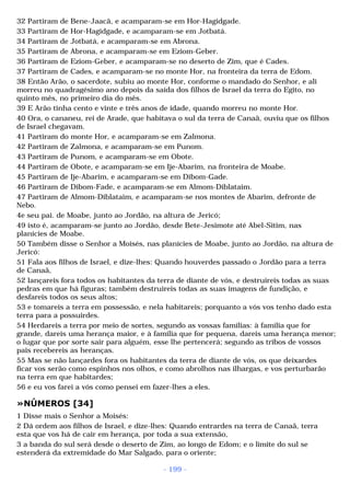 32 Partiram de Bene-Jaacã, e acamparam-se em Hor-Hagidgade. 
33 Partiram de Hor-Hagidgade, e acamparam-se em Jotbatá. 
34 Partiram de Jotbatá, e acamparam-se em Abrona. 
35 Partiram de Abrona, e acamparam-se em Eziom-Geber. 
36 Partiram de Eziom-Geber, e acamparam-se no deserto de Zim, que é Cades. 
37 Partiram de Cades, e acamparam-se no monte Hor, na fronteira da terra de Edom. 
38 Então Arão, o sacerdote, subiu ao monte Hor, conforme o mandado do Senhor, e ali 
morreu no quadragésimo ano depois da saída dos filhos de Israel da terra do Egito, no 
quinto mês, no primeiro dia do mês. 
39 E Arão tinha cento e vinte e três anos de idade, quando morreu no monte Hor. 
40 Ora, o cananeu, rei de Arade, que habitava o sul da terra de Canaã, ouviu que os filhos 
de Israel chegavam. 
41 Partiram do monte Hor, e acamparam-se em Zalmona. 
42 Partiram de Zalmona, e acamparam-se em Punom. 
43 Partiram de Punom, e acamparam-se em Obote. 
44 Partiram de Obote, e acamparam-se em Ije-Abarim, na fronteira de Moabe. 
45 Partiram de Ije-Abarim, e acamparam-se em Dibom-Gade. 
46 Partiram de Dibom-Fade, e acamparam-se em Almom-Diblataim. 
47 Partiram de Almom-Diblataim, e acamparam-se nos montes de Abarim, defronte de 
Nebo. 
4e seu pai. de Moabe, junto ao Jordão, na altura de Jericó; 
49 isto é, acamparam-se junto ao Jordão, desde Bete-Jesimote até Abel-Sitim, nas 
planícies de Moabe. 
50 Também disse o Senhor a Moisés, nas planícies de Moabe, junto ao Jordão, na altura de 
Jericó: 
51 Fala aos filhos de Israel, e dize-lhes: Quando houverdes passado o Jordão para a terra 
de Canaã, 
52 lançareis fora todos os habitantes da terra de diante de vós, e destruireis todas as suas 
pedras em que há figuras; também destruireis todas as suas imagens de fundição, e 
desfareis todos os seus altos; 
53 e tomareis a terra em possessão, e nela habitareis; porquanto a vós vos tenho dado esta 
terra para a possuirdes. 
54 Herdareis a terra por meio de sortes, segundo as vossas famílias: à família que for 
grande, dareis uma herança maior, e à família que for pequena, dareis uma herança menor; 
o lugar que por sorte sair para alguém, esse lhe pertencerá; segundo as tribos de vossos 
pais recebereis as heranças. 
55 Mas se não lançardes fora os habitantes da terra de diante de vós, os que deixardes 
ficar vos serão como espinhos nos olhos, e como abrolhos nas ilhargas, e vos perturbarão 
na terra em que habitardes; 
56 e eu vos farei a vós como pensei em fazer-lhes a eles. 
»NÚMEROS [34] 
1 Disse mais o Senhor a Moisés: 
2 Dá ordem aos filhos de Israel, e dize-lhes: Quando entrardes na terra de Canaã, terra 
esta que vos há de cair em herança, por toda a sua extensão, 
3 a banda do sul será desde o deserto de Zim, ao longo de Edom; e o limite do sul se 
estenderá da extremidade do Mar Salgado, para o oriente; 
- 199 - 
 