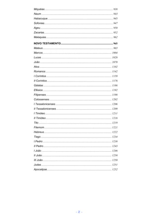 Miquéias ...................................................................................................... 938 
Naum ........................................................................................................... 943 
Habacuque.................................................................................................. 945 
Sofonias....................................................................................................... 947 
Ageu............................................................................................................. 950 
Zacarias....................................................................................................... 952 
Malaquias.................................................................................................... 962 
NOVO TESTAMENTO.............................................................................. 965 
Mateus......................................................................................................... 965 
Marcos....................................................................................................... 1004 
Lucas ......................................................................................................... 1028 
João ........................................................................................................... 1070 
Atos ............................................................................................................ 1102 
Romanos................................................................................................... 1142 
I Coríntios.................................................................................................. 1159 
II Coríntios................................................................................................. 1176 
Gálatas ...................................................................................................... 1186 
Efésios....................................................................................................... 1192 
Filipenses .................................................................................................. 1198 
Colossenses ............................................................................................. 1202 
I Tessalonicenses .................................................................................... 1206 
II Tessalonicenses ................................................................................... 1209 
I Timóteo ................................................................................................... 1211 
II Timóteo .................................................................................................. 1216 
Tito ............................................................................................................. 1219 
Filemom..................................................................................................... 1221 
Hebreus..................................................................................................... 1222 
Tiago.......................................................................................................... 1234 
I Pedro ....................................................................................................... 1238 
II Pedro ...................................................................................................... 1243 
I João ......................................................................................................... 1246 
II João........................................................................................................ 1250 
III João....................................................................................................... 1250 
Judas ......................................................................................................... 1251 
Apocalipse................................................................................................. 1252 
- 2 - 
 