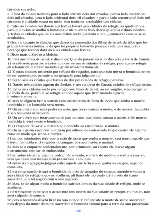 côvados em redor. 
5 E fora da cidade medireis para o lado oriental dois mil côvados, para o lado meridional 
dois mil côvados, para o lado ocidental dois mil côvados, e para o lado setentrional dois mil 
côvados; e a cidade estará no meio. Isso terão por arrabaldes das cidades. 
6 Entre as cidades que dareis aos levitas haverá seis cidades de refúgio, as quais dareis 
para que nelas se acolha o homicida; e além destas lhes dareis quarenta e duas cidades. 
7 Todas as cidades que dareis aos levitas serão quarenta e oito, juntamente com os seus 
arrabaldes. 
8 Ora, no tocante às cidades que dareis da possessão dos filhos de Israel, da tribo que for 
grande tomareis muitas, e da que for pequena tomareis poucas; cada uma segundo a 
herança que receber dará as suas cidades aos levitas. 
9 Disse mais o Senhor a Moisés: 
10 Fala aos filhos de Israel, e dize-lhes: Quando passardes o Jordão para a terra de Canaã, 
11 escolhereis para vós cidades que vos sirvam de cidades de refúgio, para que se refugie 
ali o homicida que tiver matado alguém involuntariamente. 
12 E estas cidades vos serão por refúgio do vingador, para que não morra o homicida antes 
de ser apresentado perante a congregação para julgamento. 
13 Serão seis as cidades que haveis de dar por cidades de refúgio para vós. 
14 Dareis três cidades aquém do Jordão, e três na terra de Canaã; cidades de refúgio serão. 
15 Estas seis cidades serão por refúgio aos filhos de Israel, ao estrangeiro, e ao peregrino 
no meio deles, para que se refugie ali todo aquele que tiver matado alguém 
involuntariamente. 
16 Mas se alguém ferir a outrem com instrumento de ferro de modo que venha a morrer, 
homicida é; e o homicida será morto. 
17 Ou se o ferir com uma pedra na mão, que possa causar a morte, e ele morrer, homicida 
é; e o homicida será morto. 
18 Ou se o ferir com instrumento de pau na mão, que possa causar a morte, e ele morrer, 
homicida é; será morto o homicida. 
19 O vingador do sangue matará ao homicida; ao encontrá-lo, o matará. 
20 Ou se alguém empurrar a outrem por ódio ou de emboscada lançar contra ele alguma 
coisa de modo que venha a morrer, 
21 ou por inimizade o ferir com a mão de modo que venha a morrer, será morto aquele que 
o feriu; homicida é. O vingador do sangue, ao encontrá-lo, o matará. 
22 Mas se o empurrar acidentalmente, sem inimizade, ou contra ele lançar algum 
instrumento, sem ser de emboscada, 
23 ou sobre ele atirar alguma pedra, não o vendo, e o ferir de modo que venha a morrer, 
sem que fosse seu inimigo nem procurasse o seu mal, 
24 então a congregação julgará entre aquele que feriu e o vingador do sangue, segundo 
estas leis, 
25 e a congregação livrará o homicida da mão do vingador do sangue, fazendo-o voltar à 
sua cidade de refúgio a que se acolhera; ali ficará ele morando até a morte do sumo 
sacerdote, que foi ungido com o óleo sagrado. 
26 Mas, se de algum modo o homicida sair dos limites da sua cidade de refúgio, onde se 
acolhera, 
27 e o vingador do sangue o achar fora dos limites da sua cidade de refúgio, e o matar, não 
será culpado de sangue; 
28 pois o homicida deverá ficar na sua cidade de refúgio até a morte do sumo sacerdote; 
mas depois da morte do sumo sacerdote o homicida voltará para a terra da sua possessão. 
- 201 - 
 