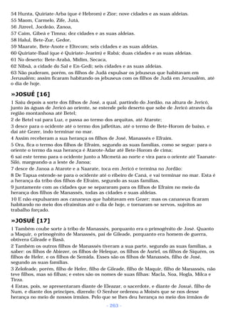 54 Hunta, Quiriate-Arba (que é Hebrom) e Zior; nove cidades e as suas aldeias. 
55 Maom, Carmelo, Zife, Jutá, 
56 Jizreel, Jocdeão, Zanoa, 
57 Caim, Gibeá e Timna; dez cidades e as suas aldeias. 
58 Halul, Bete-Zur, Gedor, 
59 Maarate, Bete-Anote e Eltecom; seis cidades e as suas aldeias. 
60 Quiriate-Baal (que é Quiriate-Jearim) e Rabá; duas cidades e as suas aldeias. 
61 No deserto: Bete-Arabá, Midim, Secaca, 
62 Nibsã, a cidade do Sal e En-Gedi; seis cidades e as suas aldeias. 
63 Não puderam, porém, os filhos de Judá expulsar os jebuseus que habitavam em 
Jerusalém; assim ficaram habitando os jebuseus com os filhos de Judá em Jerusalém, até 
o dia de hoje. 
»JOSUÉ [16] 
1 Saiu depois a sorte dos filhos de José, a qual, partindo do Jordão, na altura de Jericó, 
junto às águas de Jericó ao oriente, se estende pelo deserto que sobe de Jericó através da 
região montanhosa até Betel; 
2 de Betel vai para Luz, e passa ao termo dos arquitas, até Atarote; 
3 desce para o ocidente até o termo dos jafletitas, até o termo de Bete-Horom de baixo, e 
daí até Gezer, indo terminar no mar. 
4 Assim receberam a sua herança os filhos de José, Manassés e Efraim. 
5 Ora, fica o termo dos filhos de Efraim, segundo as suas famílias, como se segue: para o 
oriente o termo da sua herança é Atarote-Adar até Bete-Horom de cima; 
6 sai este termo para o ocidente junto a Micmetá ao norte e vira para o oriente até Taanate- 
Siló, margeando-a a leste de Janoa; 
7 desce de Janoa a Atarote e a Naarate, toca em Jericó e termina no Jordão: 
8 De Tapua estende-se para o ocidente até o ribeiro de Caná, e vai terminar no mar. Esta é 
a herança da tribo dos filhos de Efraim, segundo as suas famílias, 
9 juntamente com as cidades que se separaram para os filhos de Efraim no meio da 
herança dos filhos de Manassés, todas as cidades e suas aldeias. 
10 E não expulsaram aos cananeus que habitavam em Gezer; mas os cananeus ficaram 
habitando no meio dos efraimitas até o dia de hoje, e tornaram-se servos, sujeitos ao 
trabalho forçado. 
»JOSUÉ [17] 
1 Também coube sorte à tribo de Manassés, porquanto era o primogênito de José. Quanto 
a Maquir, o primogênito de Manassés, pai de Gileade, porquanto era homem de guerra, 
obtivera Gileade e Basã. 
2 Também os outros filhos de Manassés tiveram a sua parte, segundo as suas famílias, a 
saber: os filhos de Abiezer, os filhos de Heleque, os filhos de Asriel, os filhos de Siquém, os 
filhos de Hefer, e os filhos de Semida. Esses são os filhos de Manassés, filho de José, 
segundo as suas famílias. 
3 Zelofeade, porém, filho de Hefer, filho de Gileade, filho de Maquir, filho de Manassés, não 
teve filhos, mas só filhas; e estes são os nomes de suas filhas: Macla, Noa, Hogla, Milca e 
Tirza. 
4 Estas, pois, se apresentaram diante de Eleazar, o sacerdote, e diante de Josué, filho de 
Num, e diante dos príncipes, dizendo: O Senhor ordenou a Moisés que se nos desse 
herança no meio de nossos irmãos. Pelo que se lhes deu herança no meio dos irmãos de 
- 263 - 
 