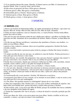17 E as vizinhas deram-lhe nome, dizendo: A Noêmi nasceu um filho, E chamaram ao 
menino Obede. Este é o pai de Jessé, pai de Davi. 
18 São estas as gerações de Pérez: Pérez gerou a Hezrom, 
19 Hezrom gerou a Rão, Rão gerou a Aminadabe, 
20 Aminadabe gereu a Nasom, Nasom gerou a Salmom, 
21 Salmom gerou a Boaz, Boaz gerou a Obede, 
22 Obede gerou a Jessé, e Jessé gerou a Davi. 
I SAMUEL 
»I SAMUEL [1] 
1 Houve um homem de Ramataim-Zofim, da região montanhosa de Efraim, cujo nome era 
Elcana, filho de Jeroão, filho de Eliú, filho de Toú, filho de Zufe, efraimita. 
2 Tinha ele duas mulheres: uma se chamava Ana, e a outra Penina. Penina tinha filhos, 
porém Ana não os tinha. 
3 De ano em ano este homem subia da sua cidade para adorar e sacrificar ao Senhor dos 
exércitos em Siló. Assistiam ali os sacerdotes do Senhor, Hofni e Finéias, os dois filhos de 
Eli. 
4 No dia em que Elcana sacrificava, costumava dar quinhões a Penina, sua mulher, e a 
todos os seus filhos e filhas; 
5 porém a Ana, embora a amasse, dava um só quinhão, porquanto o Senhor lhe havia 
cerrado a madre. 
6 Ora, a sua rival muito a provocava para irritá-la, porque o Senhor lhe havia cerrado a 
madre. 
7 E assim sucedia de ano em ano que, ao subirem à casa do Senhor, Penina provocava a 
Ana; pelo que esta chorava e não comia. 
8 Então Elcana, seu marido, lhe perguntou: Ana, por que choras? e porque não comes? e 
por que está triste o teu coração? Não te sou eu melhor de que dez filhos? 
9 Então Ana se levantou, depois que comeram e beberam em Siló; e Eli, sacerdote, estava 
sentado, numa cadeira, junto a um pilar do templo do Senhor. 
10 Ela, pois, com amargura de alma, orou ao Senhor, e chorou muito, 
11 e fez um voto, dizendo: ó Senhor dos exércitos! se deveras atentares para a aflição da 
tua serva, e de mim te lembrares, e da tua serva não te esqueceres, mas lhe deres um filho 
varão, ao Senhor o darei por todos os dias da sua vida, e pela sua cabeça não passará 
navalha. 
12 Continuando ela a orar perante e Senhor, Eli observou a sua boca; 
13 porquanto Ana falava no seu coração; só se moviam os seus lábios, e não se ouvia a sua 
voz; pelo que Eli a teve por embriagada, 
14 e lhe disse: Até quando estarás tu embriagada? Aparta de ti o teu vinho. 
15 Mas Ana respondeu: Não, Senhor meu, eu sou uma mulher atribulada de espírito; não 
bebi vinho nem bebida forte, porém derramei a minha alma perante o Senhor. 
16 Não tenhas, pois, a tua serva por filha de Belial; porque da multidão dos meus cuidados 
e do meu desgosto tenho falado até agora. 
17 Então lhe respondeu Eli: Vai-te em paz; e o Deus de Israel te conceda a petição que lhe 
fizeste. 
18 Ao que disse ela: Ache a tua serva graça aos teus olhos. Assim a mulher se foi o seu 
caminho, e comeu, e já não era triste o seu semblante. 
- 306 - 
 