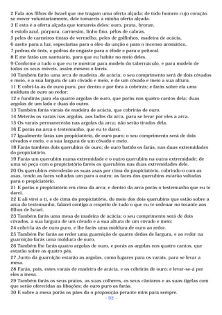 2 Fala aos filhos de Israel que me tragam uma oferta alçada; de todo homem cujo coração 
se mover voluntariamente, dele tomareis a minha oferta alçada. 
3 E esta é a oferta alçada que tomareis deles: ouro, prata, bronze, 
4 estofo azul, púrpura, carmesim, linho fino, pêlos de cabras, 
5 peles de carneiros tintas de vermelho, peles de golfinhos, madeira de acácia, 
6 azeite para a luz, especiarias para o óleo da unção e para o incenso aromático, 
7 pedras de ônix, e pedras de engaste para o éfode e para o peitoral. 
8 E me farão um santuário, para que eu habite no meio deles. 
9 Conforme a tudo o que eu te mostrar para modelo do tabernáculo, e para modelo de 
todos os seus móveis, assim mesmo o fareis. 
10 Também farão uma arca de madeira ,de acácia; o seu comprimento será de dois côvados 
e meio, e a sua largura de um côvado e meio, e de um côvado e meio a sua altura. 
11 E cobri-la-ás de ouro puro, por dentro e por fora a cobrirás; e farás sobre ela uma 
moldura de ouro ao redor; 
12 e fundirás para ela quatro argolas de ouro, que porás nos quatro cantos dela; duas 
argolas de um lado e duas do outro. 
13 Também farás varais de madeira de acácia, que cobrirás de ouro. 
14 Meterás os varais nas argolas, aos lados da arca, para se levar por eles a arca. 
15 Os varais permanecerão nas argolas da arca; não serão tirados dela. 
16 E porás na arca o testemunho, que eu te darei. 
17 Igualmente farás um propiciatório, de ouro puro; o seu comprimento será de dois 
côvados e meio, e a sua largura de um côvado e meio. 
18 Farás também dois querubins de ouro; de ouro batido os farás, nas duas extremidades 
do propiciatório. 
19 Farás um querubim numa extremidade e o outro querubim na outra extremidade; de 
uma só peça com o propiciatório fareis os querubins nas duas extremidades dele. 
20 Os querubins estenderão as suas asas por cima do propiciatório, cobrindo-o com as 
asas, tendo as faces voltadas um para o outro; as faces dos querubins estarão voltadas 
para o propiciatório. 
21 E porás o propiciatório em cima da arca; e dentro da arca porás o testemunho que eu te 
darei. 
22 E ali virei a ti, e de cima do propiciatório, do meio dos dois querubins que estão sobre a 
arca do testemunho, falarei contigo a respeito de tudo o que eu te ordenar no tocante aos 
filhos de Israel. 
23 Também farás uma mesa de madeira de acácia; o seu comprimento será de dois 
côvados, a sua largura de um côvado e a sua altura de um côvado e meio; 
24 cobri-la-ás de ouro puro, e lhe farás uma moldura de ouro ao redor. 
25 Também lhe farás ao redor uma guarnição de quatro dedos de largura, e ao redor na 
guarnição farás uma moldura de ouro. 
26 Também lhe farás quatro argolas de ouro, e porás as argolas nos quatro cantos, que 
estarão sobre os quatro pés. 
27 Junto da guarnição estarão as argolas, como lugares para os varais, para se levar a 
mesa. 
28 Farás, pois, estes varais de madeira de acácia, e os cobrirás de ouro; e levar-se-á por 
eles a mesa. 
29 Também farás os seus pratos, as suas colheres, os seus cântaros e as suas tigelas com 
que serão oferecidas as libações; de ouro puro os farás. 
30 E sobre a mesa porás os pães da o proposição perante mim para sempre. 
- 92 - 
 