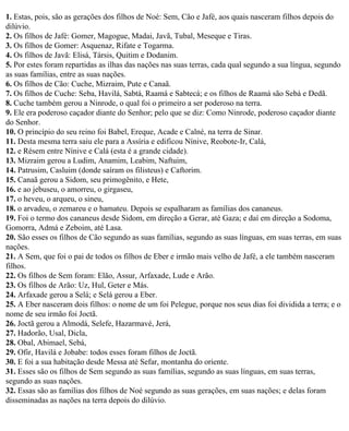 1. Estas, pois, são as gerações dos filhos de Noé: Sem, Cão e Jafé, aos quais nasceram filhos depois do
dilúvio.
2. Os filhos de Jafé: Gomer, Magogue, Madai, Javã, Tubal, Meseque e Tiras.
3. Os filhos de Gomer: Asquenaz, Rifate e Togarma.
4. Os filhos de Javã: Elisá, Társis, Quitim e Dodanim.
5. Por estes foram repartidas as ilhas das nações nas suas terras, cada qual segundo a sua língua, segundo
as suas famílias, entre as suas nações.
6. Os filhos de Cão: Cuche, Mizraim, Pute e Canaã.
7. Os filhos de Cuche: Seba, Havilá, Sabtá, Raamá e Sabtecá; e os filhos de Raamá são Sebá e Dedã.
8. Cuche também gerou a Ninrode, o qual foi o primeiro a ser poderoso na terra.
9. Ele era poderoso caçador diante do Senhor; pelo que se diz: Como Ninrode, poderoso caçador diante
do Senhor.
10. O princípio do seu reino foi Babel, Ereque, Acade e Calné, na terra de Sinar.
11. Desta mesma terra saiu ele para a Assíria e edificou Nínive, Reobote-Ir, Calá,
12. e Résem entre Nínive e Calá (esta é a grande cidade).
13. Mizraim gerou a Ludim, Anamim, Leabim, Naftuim,
14. Patrusim, Casluim (donde saíram os filisteus) e Caftorim.
15. Canaã gerou a Sidom, seu primogênito, e Hete,
16. e ao jebuseu, o amorreu, o girgaseu,
17. o heveu, o arqueu, o sineu,
18. o arvadeu, o zemareu e o hamateu. Depois se espalharam as famílias dos cananeus.
19. Foi o termo dos cananeus desde Sidom, em direção a Gerar, até Gaza; e daí em direção a Sodoma,
Gomorra, Admá e Zeboim, até Lasa.
20. São esses os filhos de Cão segundo as suas famílias, segundo as suas línguas, em suas terras, em suas
nações.
21. A Sem, que foi o pai de todos os filhos de Eber e irmão mais velho de Jafé, a ele também nasceram
filhos.
22. Os filhos de Sem foram: Elão, Assur, Arfaxade, Lude e Arão.
23. Os filhos de Arão: Uz, Hul, Geter e Más.
24. Arfaxade gerou a Selá; e Selá gerou a Eber.
25. A Eber nasceram dois filhos: o nome de um foi Pelegue, porque nos seus dias foi dividida a terra; e o
nome de seu irmão foi Joctã.
26. Joctã gerou a Almodá, Selefe, Hazarmavé, Jerá,
27. Hadorão, Usal, Dicla,
28. Obal, Abimael, Sebá,
29. Ofir, Havilá e Jobabe: todos esses foram filhos de Joctã.
30. E foi a sua habitação desde Messa até Sefar, montanha do oriente.
31. Esses são os filhos de Sem segundo as suas famílias, segundo as suas línguas, em suas terras,
segundo as suas nações.
32. Essas são as famílias dos filhos de Noé segundo as suas gerações, em suas nações; e delas foram
disseminadas as nações na terra depois do dilúvio.
 