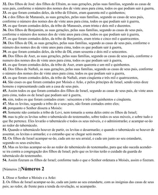 32. Dos filhos de José: dos filhos de Efraim, as suas gerações, pelas suas famílias, segundo as casas de
seus pais, conforme o número dos nomes dos de vinte anos para cima, todos os que podiam sair à guerra,
33. os que foram contados deles, da tribo de Efraim, eram quarenta mil e quinhentos;
34. e dos filhos de Manassés, as suas gerações, pelas suas famílias, segundo as casas de seus pais,
conforme o número dos nomes dos de vinte anos para cima, todos os que podiam sair à guerra,
35. os que foram contados deles, da tribo de Manassés, eram trinta e dois mil e duzentos.
36. Dos filhos de Benjamim, as suas gerações, pelas suas famílias, segundo as casas de seus pais,
conforme o número dos nomes dos de vinte anos para cima, todos os que podiam sair à guerra,
37. os que foram contados deles, da tribo de Benjamim, eram trinta e cinco mil e quatrocentos.
38. Dos filhos de Dã, as suas gerações, pelas suas famílias, segundo as casas de seus pais, conforme o
número dos nomes dos de vinte anos para cima, todos os que podiam sair à guerra,
39. os que foram contados deles, da tribo de Dã, eram sessenta e dois mil e setecentos.
40. Dos filhos de Aser, as suas gerações, pelas suas famílias, segundo as casas de seus pais, conforme o
numero dos nomes dos de vinte anos para cima, todos os que podiam sair à guerra,
41. os que foram contados deles, da tribo de Aser, eram quarenta e um mil e quinhentos.
42. Dos filhos de Naftali, as suas gerações, pelas suas famílias, segundo as casas de seus pais, conforme
o número dos nomes dos de vinte anos para cima, todos os que podiam sair a guerra,
43. os que foram contados deles, da tribo de Naftali, eram cinqüenta e três mil e quatrocentos,
44. São esses os que foram contados por Moisés e Arão, e pelos príncipes de Israel, sendo estes doze
homens e representando cada um a casa de seus pais.
45. Assim todos os que foram contados dos filhos de Israel, segundo as casas de seus pais, de vinte anos
para cima, todos os de Israel que podiam sair à guerra,
46. sim, todos os que foram contados eram : seiscentos e três mil quinhentos e cinqüenta.
47. Mas os levitas, segundo a tribo de e seus pais, não foram contados entre eles;
48. porquanto o Senhor dissera a Moisés:
49. Somente não contarás a tribo de Levi, nem tomarás a soma deles entre os filhos de Israel;
50. mas tu põe os levitas sobre o tabernáculo do testemunho, sobre todos os seus móveis, e sobre tudo o
que lhe pertence. Eles levarão o tabernáculo e todos os seus móveis, e o administrarão; e acampar-se-ão
ao redor do tabernáculo.
51. Quando o tabernáculo houver de partir, os levitas o desarmarão; e quando o tabernáculo se houver de
assentar, os levitas o armarão; e o estranho que se chegar será morto.
52. Os filhos de Israel acampar-se-ão, cada um no seu arraial, e cada um junto ao seu estandarte,
segundo os seus exércitos.
53. Mas os levitas acampar-se-ão ao redor do tabernáculo do testemunho, para que não suceda acender-
se ira contra a congregação dos filhos de Israel; pelo que os levitas terão o cuidado da guarda do
tabernáculo do testemunho.
54. Assim fizeram os filhos de Israel; conforme tudo o que o Senhor ordenara a Moisés, assim o fizeram.

[Números 2]Números         2
1. Disse o Senhor a Moisés e a Arão:
2. Os filhos de Israel acampar-se-ão, cada um junto ao seu estandarte, com as insígnias das casas de seus
pais; ao redor, de frente para a tenda da revelação, se acamparão.
 