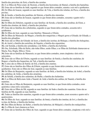 família dos perezitas; de Zerá, a família dos zeraítas.
21. E os filhos de Pérez eram: de Hezrom, a família dos hezronitas; de Hamul, a família dos hamulitas.
22. Estas são as famílias de Judá, segundo os que foram deles contados, setenta e seis mil e quinhentos.
23. Os filhos de Issacar, segundo as suas famílias: de Tola, a família dos tolaítas; de Puva, a família dos
puvitas;
24. de Jasube, a família dos jasubitas; de Sinrom, a família dos sinronitas.
25. Estas são as famílias de Issacar, segundo os que foram deles contados, sessenta e quatro mil e
trezentos:
26. Os filhos de Zebulom, segundo as suas famílias: de Serede, a família dos sereditas; de Elom, a
família dos elonitas; de Jaleel, a família dos jaleelitas.
27. Estas são as famílias dos zebulonitas, segundo os que foram deles contados, sessenta mil e
quinhentos.
28. Os filhos de José, segundo as suas famílias: Manassés e Efraim.
29. Os filhos de Manassés: de Maquir, a família dos maquiritas; e Maquir gerou a Gileade; de Gileade, a
família dos gileaditas.
30. Estes são os filhos de Gileade: de Iezer, a família dos iezritas; de Heleque, a família dos helequitas;
31. de Asriel, a família dos asrielitas; de Siquém, a família dos siquemitas;
32. e de Semida, a família dos semidaítas; e de Hefer, a família dos heferitas.
33. Ora, Zelofeade, filho de Hefer, não tinha filhos, senão filhas; e as filhas de Zelofeade chamavam-se
Macla, Noa, Hogla, Milca e Tirza.
34. Estas são as famílias de Manassés; os que foram deles contados, eram cinqüenta e dois mil e
setecentos.
35. Estes são os filhos de Efraim, segundo as suas famílias: de Sutela, a família dos sutelaítas; de
Bequer, a família dos bequeritas; de Taã, a família dos taanitas.
36. E estes são os filhos de Sutela: de Erã, a família dos eranitas.
37. Estas são as famílias dos filhos de Efraim, segundo os que foram deles contados, trinta e dois mil e
quinhentos. Estes são os filhos de José, segundo as suas famílias.
38. Os filhos de Benjamim, segundo as suas famílias: de Belá, a família dos belaítas; de Asbel, a família
dos asbelitas; de Airão, a família dos airamitas;
39. de Sefufã, a família dos sufamitas; de Hufão, a família dos hufamitas.
40. E os filhos de Belá eram Arde e Naamã: de Arde a família dos arditas; de Naamã, a família dos
naamitas.
41. Estes são os filhos de Benjamim, segundo as suas famílias; os que foram deles contados, eram
quarenta e cinco mil e seiscentos.
42. Estes são os filhos de Dã, segundo as suas famílias: de Suão a família dos suamitas. Estas são as
famílias de Dã, segundo as suas famílias.
43. Todas as famílias dos suamitas, segundo os que foram deles contados, eram sessenta e quatro mil e
quatrocentos.
44. Os filhos de Aser, segundo as suas famílias: de Imná, a família dos imnitas; de Isvi, a família dos
isvitas; de Berias, a família dos beritas.
45. Dos filhos de Berias: de Heber, a família dos heberitas; de Malquiel, a família dos malquielitas.
46. E a filha de Aser chamava-se Sera.
47. Estas são as famílias dos filhos de Aser, segundo os que foram deles contados, cinqüenta e três mil e
 