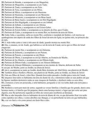 25. Partiram de Harada, e acamparam-se em Maquelote.
26. Partiram de Maquelote, e acamparam-se em Taate.
27. Partiram de Taate, e acamparam-se em Tera.
28. Partiram de Tera, e acamparam-se em Mitca.
29. Partiram de Mitca, e acamparam-se em Hasmona.
30. Partiram de Hasmona, e acamparam-se em Moserote.
31. Partiram de Moserote, e acamparam-se em Bene-Jaacã.
32. Partiram de Bene-Jaacã, e acamparam-se em Hor-Hagidgade.
33. Partiram de Hor-Hagidgade, e acamparam-se em Jotbatá.
34. Partiram de Jotbatá, e acamparam-se em Abrona.
35. Partiram de Abrona, e acamparam-se em Eziom-Geber.
36. Partiram de Eziom-Geber, e acamparam-se no deserto de Zim, que é Cades.
37. Partiram de Cades, e acamparam-se no monte Hor, na fronteira da terra de Edom.
38. Então Arão, o sacerdote, subiu ao monte Hor, conforme o mandado do Senhor, e ali morreu no
quadragésimo ano depois da saída dos filhos de Israel da terra do Egito, no quinto mês, no primeiro dia
do mês.
39. E Arão tinha cento e vinte e três anos de idade, quando morreu no monte Hor.
40. Ora, o cananeu, rei de Arade, que habitava o sul da terra de Canaã, ouviu que os filhos de Israel
chegavam.
41. Partiram do monte Hor, e acamparam-se em Zalmona.
42. Partiram de Zalmona, e acamparam-se em Punom.
43. Partiram de Punom, e acamparam-se em Obote.
44. Partiram de Obote, e acamparam-se em Ije-Abarim, na fronteira de Moabe.
45. Partiram de Ije-Abarim, e acamparam-se em Dibom-Gade.
46. Partiram de Dibom-Fade, e acamparam-se em Almom-Diblataim.
47. Partiram de Almom-Diblataim, e acamparam-se nos montes de Abarim, defronte de Nebo.
4e seu pai. de Moabe, junto ao Jordão, na altura de Jericó;
49. isto é, acamparam-se junto ao Jordão, desde Bete-Jesimote até Abel-Sitim, nas planícies de Moabe.
50. Também disse o Senhor a Moisés, nas planícies de Moabe, junto ao Jordão, na altura de Jericó:
51. Fala aos filhos de Israel, e dize-lhes: Quando houverdes passado o Jordão para a terra de Canaã,
52. lançareis fora todos os habitantes da terra de diante de vós, e destruireis todas as suas pedras em que
há figuras; também destruireis todas as suas imagens de fundição, e desfareis todos os seus altos;
53. e tomareis a terra em possessão, e nela habitareis; porquanto a vós vos tenho dado esta terra para a
possuirdes.
54. Herdareis a terra por meio de sortes, segundo as vossas famílias: à família que for grande, dareis uma
herança maior, e à família que for pequena, dareis uma herança menor; o lugar que por sorte sair para
alguém, esse lhe pertencerá; segundo as tribos de vossos pais recebereis as heranças.
55. Mas se não lançardes fora os habitantes da terra de diante de vós, os que deixardes ficar vos serão
como espinhos nos olhos, e como abrolhos nas ilhargas, e vos perturbarão na terra em que habitardes;
56. e eu vos farei a vós como pensei em fazer-lhes a eles.

[Números 34]Números         34
 
