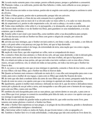 38. Levarás muita semente para o teu campo, porem colherás pouco; porque o gafanhoto a consumirá.
39. Plantarás vinhas, e as cultivarás, porém não lhes beberás o vinho, nem colherás as uvas; porque o
bicho as devorará.
40. Terás oliveiras em todos os teus termos, porém não te ungirás com azeite; porque a azeitona te cairá
da oliveira.
41. Filhos e filhas gerarás, porém não te pertencerão; porque irão em cativeiro.
42. Todo o teu arvoredo e o fruto do teu solo consumi-los-á o gafanhoto.
43. O estrangeiro que está no meio de ti se elevará cada vez mais sobre ti, e tu cada vez mais descerás;
44. ele emprestará a ti, porém tu não emprestarás a ele; ele será a cabeça, e tu serás a cauda.
45. Todas estas maldições virão sobre ti, e te perseguirão, e te alcançarão, até que sejas destruído, por
não haveres dado ouvidos à voz do Senhor teu Deus, para guardares os seus mandamentos, e os seus
estatutos, que te ordenou.
46. Estarão sobre ti por sinal e por maravilha, como também sobre a tua descendência para sempre.
47. Por não haveres servido ao Senhor teu Deus com gosto e alegria de coração, por causa da
abundância de tudo,
48. servirás aos teus inimigos, que o Senhor enviará contra ti, em fome e sede, e em nudez, e em falta de
tudo; e ele porá sobre o teu pescoço um jugo de ferro, até que te haja destruído.
49. O Senhor levantará contra ti de longe, da extremidade da terra, uma nação que voa como a águia,
nação cuja língua não entenderás;
50. nação de rosto feroz, que não respeitará ao velho, nem se compadecerá do moço;
51. e comerá o fruto dos teus animais e o fruto do teu solo, até que sejas destruído; e não te deixará grão,
nem mosto, nem azeite, nem as crias das tuas vacas e das tuas ovelhas, até que te faça perecer;
52. e te sitiará em todas as tuas portas, até que em toda a tua terra venham a cair os teus altos e fortes
muros, em que confiavas; sim, te sitiará em todas as tuas portas, em toda a tua terra que o Senhor teu
Deus te deu.
53. E, no cerco e no aperto com que os teus inimigos te apertarão, comerás o fruto do teu ventre, a carne
de teus filhos e de tuas filhas, que o Senhor teu Deus te houver dado.
54. Quanto ao homem mais mimoso e delicado no meio de ti, o seu olho será mesquinho para com o seu
irmão, para com a mulher de seu regaço, e para com os filhos que ainda lhe ficarem de resto;
55. de sorte que não dará a nenhum deles da carne de seus filhos que ele comer, porquanto nada lhe terá
ficado de resto no cerco e no aperto com que o teu inimigo te apertará em todas as tuas portas.
56. Igualmente, quanto à mulher mais mimosa e delicada no meio de ti, que de mimo e delicadeza nunca
tentou pôr a planta de seu pé sobre a terra, será mesquinho o seu olho para com o homem de seu regaço,
para com seu filho, e para com sua filha;
57. também ela será mesquinha para com as suas páreas, que saírem dentre os seus pés, e para com os
seus filhos que tiver; porque os comerá às escondidas pela falta de tudo, no cerco e no aperto com que o
teu inimigo te apertará nas tuas portas.
58. Se não tiveres cuidado de guardar todas as palavras desta lei, que estão escritas neste livro, para
temeres este nome glorioso e temível, o Senhor teu Deus;
59. então o Senhor fará espantosas as tuas pragas, e as pragas da tua descendência, grandes e duradouras
pragas, e enfermidades malignas e duradouras;
60. e fará tornar sobre ti todos os males do Egito, de que tiveste temor; e eles se apegarão a ti.
61. Também o Senhor fará vir a ti toda enfermidade, e toda praga que não está escrita no livro desta lei,
 