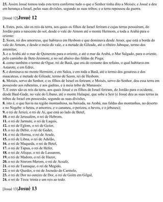 23. Assim Josué tomou toda esta terra conforme tudo o que o Senhor tinha dito a Moisés; e Josué a deu
em herança a Israel, pelas suas divisões, segundo as suas tribos; e a terra repousou da guerra.

[Josué 12]Josué    12
1. Estes, pois, são os reis da terra, aos quais os filhos de Israel feriram e cujas terras possuíram, do
Jordão para o nascente do sol, desde o vale do Arnom até o monte Hermom, e toda a Arabá para o
oriente:
2. Siom, rei dos amorreus, que habitava em Hesbom e que dominava desde Aroer, que está a borda do
vale do Arnom, e desde o meio do vale, e a metade de Gileade, até o ribeiro Jaboque, termo dos
amonitas;
3. e a Arabá até o mar de Quinerote para o oriente, e até o mar da Arabá, o Mar Salgado, para o oriente,
pelo caminho de Bete-Jesimote, e no sul abaixo das faldas de Pisga;
4. como também o termo de Ogue, rei de Basã, que era do restante dos refains, o qual habitava em
Astarote, e em Edrei,
5. e dominava no monte Hermom, e em Salca, e em toda a Basã, até o termo dos gesureus e dos
maacateus, e metade de Gileade, termo de Seom, rei de Hesbom.
6. Moisés, servo do Senhor, e os filhos de Israel os feriram; e Moisés, servo do Senhor, deu essa terra em
possessão aos rubenitas, e aos gaditas, e à meia tribo de Manassés:
7. E estes são os reis da terra, aos quais Josué e os filhos de Israel feriram, do Jordão para o ocidente,
desde Baal-Gade, no vale do Líbano, até o monte Halaque, que sobe a Seir (e Josué deu as suas terras às
tribos de Israel em possessão, segundo as suas divisões,
8. isto é, o que havia na região montanhosa, na baixada, na Arabá, nas faldas das montanhas, no deserto
e no Negebe: o heteu, o amorreu, e o cananeu, o perizeu, o heveu, e o jebuseu);
9. o rei de Jericó, o rei de Ai, que está ao lado de Betel,
10. o rei de Jerusalém, o rei de Hebrom,
11. o rei de Jarmute, o rei de Laquis,
12. o rei de Eglom, o rei de Gezer,
13. o rei de Debir, o rei de Geder,
14. o rei de Horma, o rei de Arade,
15. o rei de Libna, o rei de Adulão,
16. o rei de Maqueda, o rei de Betel,
17. o rei de Tapua, o rei de Hefer,
18. o rei de Afeque, o rei de Lassarom,
19. o rei de Madom, o rei de Hazor,
20. o rei de Sinrom-Merom, o rei de Acsafe,
21. o rei de Taanaque, o rei de Megido,
22. o rei de Quedes, o rei de Jocneão do Carmelo,
23. o rei de Dor no outeiro de Dor, o rei de Goim em Gilgal,
24. o rei de Tirza: trinta e um reis ao todo.

[Josué 13]Josué    13
 