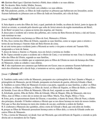 60. Quiriate-Baal (que é Quiriate-Jearim) e Rabá; duas cidades e as suas aldeias.
61. No deserto: Bete-Arabá, Midim, Secaca,
62. Nibsã, a cidade do Sal e En-Gedi; seis cidades e as suas aldeias.
63. Não puderam, porém, os filhos de Judá expulsar os jebuseus que habitavam em Jerusalém; assim
ficaram habitando os jebuseus com os filhos de Judá em Jerusalém, até o dia de hoje.

[Josué 16]Josué     16
1. Saiu depois a sorte dos filhos de José, a qual, partindo do Jordão, na altura de Jericó, junto às águas de
Jericó ao oriente, se estende pelo deserto que sobe de Jericó através da região montanhosa até Betel;
2. de Betel vai para Luz, e passa ao termo dos arquitas, até Atarote;
3. desce para o ocidente até o termo dos jafletitas, até o termo de Bete-Horom de baixo, e daí até Gezer,
indo terminar no mar.
4. Assim receberam a sua herança os filhos de José, Manassés e Efraim.
5. Ora, fica o termo dos filhos de Efraim, segundo as suas famílias, como se segue: para o oriente o
termo da sua herança é Atarote-Adar até Bete-Horom de cima;
6. sai este termo para o ocidente junto a Micmetá ao norte e vira para o oriente até Taanate-Siló,
margeando-a a leste de Janoa;
7. desce de Janoa a Atarote e a Naarate, toca em Jericó e termina no Jordão:
8. De Tapua estende-se para o ocidente até o ribeiro de Caná, e vai terminar no mar. Esta é a herança da
tribo dos filhos de Efraim, segundo as suas famílias,
9. juntamente com as cidades que se separaram para os filhos de Efraim no meio da herança dos filhos
de Manassés, todas as cidades e suas aldeias.
10. E não expulsaram aos cananeus que habitavam em Gezer; mas os cananeus ficaram habitando no
meio dos efraimitas até o dia de hoje, e tornaram-se servos, sujeitos ao trabalho forçado.

[Josué 17]Josué     17
1. Também coube sorte à tribo de Manassés, porquanto era o primogênito de José. Quanto a Maquir, o
primogênito de Manassés, pai de Gileade, porquanto era homem de guerra, obtivera Gileade e Basã.
2. Também os outros filhos de Manassés tiveram a sua parte, segundo as suas famílias, a saber: os filhos
de Abiezer, os filhos de Heleque, os filhos de Asriel, os filhos de Siquém, os filhos de Hefer, e os filhos
de Semida. Esses são os filhos de Manassés, filho de José, segundo as suas famílias.
3. Zelofeade, porém, filho de Hefer, filho de Gileade, filho de Maquir, filho de Manassés, não teve
filhos, mas só filhas; e estes são os nomes de suas filhas: Macla, Noa, Hogla, Milca e Tirza.
4. Estas, pois, se apresentaram diante de Eleazar, o sacerdote, e diante de Josué, filho de Num, e diante
dos príncipes, dizendo: O Senhor ordenou a Moisés que se nos desse herança no meio de nossos irmãos.
Pelo que se lhes deu herança no meio dos irmãos de seu pai, conforme a ordem do Senhor.
5. E couberam a Manassés dez quinhões, afora a terra de Gileade e Basã, que está além do Jordão;
6. porque as filhas de Manassés possuíram herança entre os filhos dele; e a terra de Gileade coube aos
outros filhos de Manassés.
7. Ora, o termo de Manassés vai desde Aser até Micmetá, que está defronte de Siquém; e estende-se pela
direita até os moradores de En-Tapua.
 