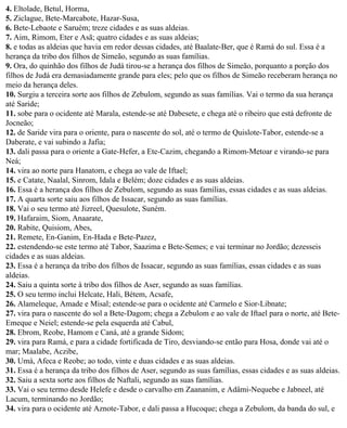 4. Eltolade, Betul, Horma,
5. Ziclague, Bete-Marcabote, Hazar-Susa,
6. Bete-Lebaote e Saruém; treze cidades e as suas aldeias.
7. Aim, Rimom, Eter e Asã; quatro cidades e as suas aldeias;
8. e todas as aldeias que havia em redor dessas cidades, até Baalate-Ber, que é Ramá do sul. Essa é a
herança da tribo dos filhos de Simeão, segundo as suas famílias.
9. Ora, do quinhão dos filhos de Judá tirou-se a herança dos filhos de Simeão, porquanto a porção dos
filhos de Judá era demasiadamente grande para eles; pelo que os filhos de Simeão receberam herança no
meio da herança deles.
10. Surgiu a terceira sorte aos filhos de Zebulom, segundo as suas famílias. Vai o termo da sua herança
até Saride;
11. sobe para o ocidente até Marala, estende-se até Dabesete, e chega até o ribeiro que está defronte de
Jocneão;
12. de Saride vira para o oriente, para o nascente do sol, até o termo de Quislote-Tabor, estende-se a
Daberate, e vai subindo a Jafia;
13. dali passa para o oriente a Gate-Hefer, a Ete-Cazim, chegando a Rimom-Metoar e virando-se para
Neá;
14. vira ao norte para Hanatom, e chega ao vale de Iftael;
15. e Catate, Naalal, Sinrom, Idala e Belém; doze cidades e as suas aldeias.
16. Essa é a herança dos filhos de Zebulom, segundo as suas famílias, essas cidades e as suas aldeias.
17. A quarta sorte saiu aos filhos de Issacar, segundo as suas famílias.
18. Vai o seu termo até Jizreel, Quesulote, Suném.
19. Hafaraim, Siom, Anaarate,
20. Rabite, Quisiom, Abes,
21. Remete, En-Ganim, En-Hada e Bete-Pazez,
22. estendendo-se este termo até Tabor, Saazima e Bete-Semes; e vai terminar no Jordão; dezesseis
cidades e as suas aldeias.
23. Essa é a herança da tribo dos filhos de Issacar, segundo as suas famílias, essas cidades e as suas
aldeias.
24. Saiu a quinta sorte à tribo dos filhos de Aser, segundo as suas famílias.
25. O seu termo inclui Helcate, Hali, Bétem, Acsafe,
26. Alameleque, Amade e Misal; estende-se para o ocidente até Carmelo e Sior-Libnate;
27. vira para o nascente do sol a Bete-Dagom; chega a Zebulom e ao vale de Iftael para o norte, até Bete-
Emeque e Neiel; estende-se pela esquerda até Cabul,
28. Ebrom, Reobe, Hamom e Caná, até a grande Sidom;
29. vira para Ramá, e para a cidade fortificada de Tiro, desviando-se então para Hosa, donde vai até o
mar; Maalabe, Aczibe,
30. Umá, Afeca e Reobe; ao todo, vinte e duas cidades e as suas aldeias.
31. Essa é a herança da tribo dos filhos de Aser, segundo as suas famílias, essas cidades e as suas aldeias.
32. Saiu a sexta sorte aos filhos de Naftali, segundo as suas famílias.
33. Vai o seu termo desde Helefe e desde o carvalho em Zaananim, e Adâmi-Nequebe e Jabneel, até
Lacum, terminando no Jordão;
34. vira para o ocidente até Aznote-Tabor, e dali passa a Hucoque; chega a Zebulom, da banda do sul, e
 