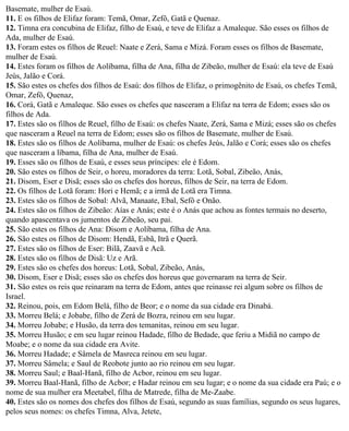 Basemate, mulher de Esaú.
11. E os filhos de Elifaz foram: Temã, Omar, Zefô, Gatã e Quenaz.
12. Timna era concubina de Elifaz, filho de Esaú, e teve de Elifaz a Amaleque. São esses os filhos de
Ada, mulher de Esaú.
13. Foram estes os filhos de Reuel: Naate e Zerá, Sama e Mizá. Foram esses os filhos de Basemate,
mulher de Esaú.
14. Estes foram os filhos de Aolíbama, filha de Ana, filha de Zibeão, mulher de Esaú: ela teve de Esaú
Jeús, Jalão e Corá.
15. São estes os chefes dos filhos de Esaú: dos filhos de Elifaz, o primogênito de Esaú, os chefes Temã,
Omar, Zefô, Quenaz,
16. Corá, Gatã e Amaleque. São esses os chefes que nasceram a Elifaz na terra de Edom; esses são os
filhos de Ada.
17. Estes são os filhos de Reuel, filho de Esaú: os chefes Naate, Zerá, Sama e Mizá; esses são os chefes
que nasceram a Reuel na terra de Edom; esses são os filhos de Basemate, mulher de Esaú.
18. Estes são os filhos de Aolíbama, mulher de Esaú: os chefes Jeús, Jalão e Corá; esses são os chefes
que nasceram a líbama, filha de Ana, mulher de Esaú.
19. Esses são os filhos de Esaú, e esses seus príncipes: ele é Edom.
20. São estes os filhos de Seir, o horeu, moradores da terra: Lotã, Sobal, Zibeão, Anás,
21. Disom, Eser e Disã; esses são os chefes dos horeus, filhos de Seir, na terra de Edom.
22. Os filhos de Lotã foram: Hori e Hemã; e a irmã de Lotã era Timna.
23. Estes são os filhos de Sobal: Alvã, Manaate, Ebal, Sefô e Onão.
24. Estes são os filhos de Zibeão: Aías e Anás; este é o Anás que achou as fontes termais no deserto,
quando apascentava os jumentos de Zibeão, seu pai.
25. São estes os filhos de Ana: Disom e Aolíbama, filha de Ana.
26. São estes os filhos de Disom: Hendã, Esbã, Itrã e Querã.
27. Estes são os filhos de Eser: Bilã, Zaavã e Acã.
28. Estes são os filhos de Disã: Uz e Arã.
29. Estes são os chefes dos horeus: Lotã, Sobal, Zibeão, Anás,
30. Disom, Eser e Disã; esses são os chefes dos horeus que governaram na terra de Seir.
31. São estes os reis que reinaram na terra de Edom, antes que reinasse rei algum sobre os filhos de
Israel.
32. Reinou, pois, em Edom Belá, filho de Beor; e o nome da sua cidade era Dinabá.
33. Morreu Belá; e Jobabe, filho de Zerá de Bozra, reinou em seu lugar.
34. Morreu Jobabe; e Husão, da terra dos temanitas, reinou em seu lugar.
35. Morreu Husão; e em seu lugar reinou Hadade, filho de Bedade, que feriu a Midiã no campo de
Moabe; e o nome da sua cidade era Avite.
36. Morreu Hadade; e Sâmela de Masreca reinou em seu lugar.
37. Morreu Sâmela; e Saul de Reobote junto ao rio reinou em seu lugar.
38. Morreu Saul; e Baal-Hanã, filho de Acbor, reinou em seu lugar.
39. Morreu Baal-Hanã, filho de Acbor; e Hadar reinou em seu lugar; e o nome da sua cidade era Paú; e o
nome de sua mulher era Meetabel, filha de Matrede, filha de Me-Zaabe.
40. Estes são os nomes dos chefes dos filhos de Esaú, segundo as suas famílias, segundo os seus lugares,
pelos seus nomes: os chefes Timna, Alva, Jetete,
 