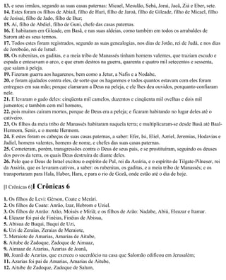 13. e seus irmãos, segundo as suas casas paternas: Micael, Mesulão, Sebá, Jorai, Jacã, Ziá e Eber, sete.
14. Estes foram os filhos de Abiail, filho de Huri, filho de Jaroá, filho de Gileade, filho de Micael, filho
de Jesisai, filho de Jado, filho de Buz;
15. Aí, filho de Abdiel, filho de Guni, chefe das casas paternas.
16. E habitaram em Gileade, em Basã, e nas suas aldeias, como também em todos os arrabaldes de
Sarom até os seus termos.
17. Todos estes foram registrados, segundo as suas genealogias, nos dias de Jotão, rei de Judá, e nos dias
de Jeroboão, rei de Israel.
18. Os rubenitas, os gaditas, e a meia tribo de Manassés tinham homens valentes, que traziam escudo e
espada e entesavam o arco, e que eram destros na guerra, quarenta e quatro mil setecentos e sessenta,
que saíam à peleja.
19. Fizeram guerra aos hagarenos, bem como a Jetur, a Nafis e a Nodabe,
20. e foram ajudados contra eles, de sorte que os hagarenos e todos quantos estavam com eles foram
entregues em sua mão; porque clamaram a Deus na peleja, e ele lhes deu ouvidos, porquanto confiaram
nele.
21. E levaram o gado deles: cinqüenta mil camelos, duzentos e cinqüenta mil ovelhas e dois mil
jumentos; e também cem mil homens,
22. pois muitos caíram mortos, porque de Deus era a peleja; e ficaram habitando no lugar deles até o
cativeiro.
23. Os filhos da meia tribo de Manassés habitaram naquela terra; e multiplicaram-se desde Basã até Baal-
Hermom, Senir, e o monte Hermom.
24. E estes foram os cabeças de suas casas paternas, a saber: Efer, Isi, Eliel, Azriel, Jeremias, Hodavias e
Jadiel, homens valentes, homens de nome, e chefes das suas casas paternas.
25. Cometeram, porém, transgressões contra o Deus de seus pais, e se prostituíram, seguindo os deuses
dos povos da terra, os quais Deus destruíra de diante deles.
26. Pelo que o Deus de Israel excitou o espírito de Pul, rei da Assíria, e o espírito de Tilgate-Pilneser, rei
da Assíria, que os levaram cativos, a saber: os rubenitas, os gaditas, e a meia tribo de Manassés; e os
transportaram para Hala, Habor, Hara, e para o rio de Gozã, onde estão até o dia de hoje.

[I Crônicas 6]I   Crônicas 6
1. Os filhos de Levi: Gérson, Coate e Merári.
2. Os filhos de Coate: Anrão, Izar, Hebrom e Uziel.
3. Os filhos de Anrão: Arão, Moisés e Miriã; e os filhos de Arão: Nadabe, Abiú, Eleazar e Itamar.
4. Eleazar foi pai de Finéias, Finéias de Abisua,
5. Abisua de Buqui, Buqui de Uzi,
6. Uzi de Zeraías, Zeraías de Meraiote,
7. Meraiote de Amarias, Amarias de Aitube,
8. Aitube de Zadoque, Zadoque de Aimaaz,
9. Aimaaz de Azarias, Azarias de Joanã,
10. Joanã de Azarias, que exerceu o sacerdócio na casa que Salomão edificou em Jerusalém;
11. Azarias foi pai de Amarias, Amarias de Aitube,
12. Aitube de Zadoque, Zadoque de Salum,
 