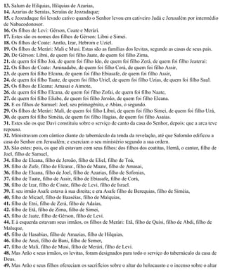 13. Salum de Hilquias, Hilquias de Azarias,
14. Azarias de Seraías, Seraías de Jeozadaque;
15. e Jeozadaque foi levado cativo quando o Senhor levou em cativeiro Judá e Jerusalém por intermédio
de Nabucodonosor.
16. Os filhos de Levi: Gérson, Coate e Merári.
17. Estes são os nomes dos filhos de Gérson: Líbni e Simei.
18. Os filhos de Coate: Anrão, Izar, Hebrom e Uziel.
19. Os filhos de Merári: Mali e Musi. Estas são as famílias dos levitas, segundo as casas de seus pais.
20. De Gérson: Líbni, de quem foi filho Jaate, de quem foi filho Zima,
21. de quem foi filho Joá, de quem foi filho Ido, de quem foi filho Zerá, de quem foi filho Jeaterai:
22. Os filhos de Coate: Aminadabe, de quem foi filho Corá, de quem foi filho Assir,
23. de quem foi filho Elcana, de quem foi filho Ebiasafe, de quem foi filho Assir,
24. de quem foi filho Taate, de quem foi filho Uriel, de quem foi filho Uzias, de quem foi filho Saul.
25. Os filhos de Elcana: Amasai e Aimote,
26. de quem foi filho Elcana, de quem foi filho Zofai, de quem foi filho Naate,
27. de quem foi filho Eliabe, de quem foi filho Jeroão, de quem foi filho Elcana.
28. E os filhos de Samuel: Joel, seu primogênito, e Abias, o segundo.
29. Os filhos de Merári: Mali, de quem foi filho Líbni, de quem foi filho Simei, de quem foi filho Uzá,
30. de quem foi filho Siméia, de quem foi filho Hagias, de quem foi filho Asaías.
31. Estes são os que Davi constituiu sobre o serviço de canto da casa do Senhor, depois: que a arca teve
repouso.
32. Ministravam com cântico diante do tabernáculo da tenda da revelação, até que Salomão edificou a
casa do Senhor em Jerusalém; e exerciam o seu ministério segundo a sua ordem.
33. São estes: pois, os que ali estavam com seus filhos: dos filhos dos coatitas, Hemã, o cantor, filho de
Joel, filho de Samuel,
34. filho de Elcana, filho de Jeroão, filho de Eliel, filho de Toá,
35. filho de Zufe, filho de Elcana:, filho de Maate, filho de Amasai,
36. filho de Elcana, filho de Joel, filho de Azarias, filho de Sofonias,
37. filho de Taate, filho de Assir, filho de Ebiasafe, filho de Corá,
38. filho de Izar, filho de Coate, filho de Levi, filho de Israel.
39. E seu irmão Asafe estava à sua direita; e era Asafe filho de Berequias, filho de Siméia,
40. filho de Micael, filho de Baaséias, filho de Malquias,
41. filho de Etni, filho de Zerá, filho de Adaías,
42. filho de Etã, filho de Zima, filho de Simei,
43. filho de Jaate, filho de Gérson, filho de Levi.
44. E à esquerda estavam seus irmãos, os filhos de Merári: Etã, filho de Quísi, filho de Abdi, filho de
Maluque,
45. filho de Hasabias, filho de Amazias, filho de Hilquias,
46. filho de Anzi, filho de Bani, filho de Semer,
47. filho de Mali, filho de Musi, filho de Merári, filho de Levi.
48. Mas Arão e seus irmãos, os levitas, foram designados para todo o serviço do tabernáculo da casa de
Deus.
49. Mas Arão e seus filhos ofereciam os sacrifícios sobre o altar do holocausto e o incenso sobre o altar
 