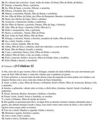 26. Os valentes dos exércitos: Asael, irmão de Joabe; El-Hanã, filho de Dodó, de Belém;
27. Samote, o harorita; Helez, o pelonita;
28. Ira, filho de Iques, o tecoíta; Abiezer, o anatotita;
29. Sibecai, o husatita; Ilai, o aoíta;
30. Maarai, o netofatita; Helede, filho de Baaná, o netofatita;
31. Itai, filho de Ribai, de Gibeá, dos filhos de Benjamim; Benaías, o piratonita;
32. Hurai, dos ribeiros de Gaás; Abiel, o arbatita;
33. Azmavete, o baarumita; Eliabá, o saalbonita;
34. dos filhos de Hasem, o gizonita: Jônatas, filho de Sage, o hararita;
35. Aião, filho de Sacar, o hararita; Elifal, filho de Ur.
36. Hefer, o mequeratita; Aías, o pelonita;
37. Hezro, o carmelita; , Naarai, filho de Ebzai;
38. Joel, irmão de Natã; Mibar, filho de Harri;
39. Zeleque, o amonita; Naarai, o berotita, escudeiro de Joabe, filho de Zeniia;
40. Ira, o itrita; Garebe, o itrita;
41. Urias, o heteu; Zabade, filho de Alai;
42. Adina, filho de Siza, o rubenita, chefe dos rubenitas, e com ele trinta;
43. Hanã, filho de Maacá; Jeosafá, o mitnita;
44. Uzias, o asteratita; Sama e Jeiel, filhos de Hotão, o aroerita;
45. Jediael, filho de Sínri, e Joá, seu irmão, o tizita;
46. Eliel, o maavita; Jeribai e Josavias, filhos de Elnaão; Itma, o moabita;
47. Eliel, Obede e Jaasiel, o mezobaíta

[I Crônicas 12]I   Crônicas 12
1. Ora, estes são os que vieram a Davi a Ziclague, estando ele ainda tolhido nos seus movimentos por
causa de Saul, filho de Quis; e eram dos valentes que o ajudaram na guerra.
2. Eram archeiros, e usavam tanto da mão direita como da esquerda em atirar pedras com fundas e em
disparar flechas com o arco; eram dos irmãos de Saul, benjamitas.
3. Aizer, o chefe, e Joás, filhos de Semaá, o Gibeátita; Jeziel e Pelete, filhos de Azmavete; Beraca e Jeú,
o anatotita;
4. Ismaías, o gibeonita, valente entre os trinta, e chefe deles; Jeremias, Jaaziel, Joanã e Jozabade, o
gederatita;
5. Eluzai, Jerimote, Bealias, Semarias e Sefatias, o harufita;
6. Elcana, Issias, Azarel, Joezer e Jasobeão, os coraítas;
7. e Joela e Zebadias, filhos de Jeroão de Ged or.
8. Dos gaditas se passaram para Davi, ao lugar forte no deserto, homens valentes adestrados para a
guerra, que sabiam manejar escudo e lança; seus rostos eram como rostos de leões, e eles eram tão
ligeiros como corças sobre os montes.
9. Ezer era o chefe, Obadias o segundo, Eliabe o terceiro,
10. Mismana o quarto, Jeremias o quinto,
11. Atai o sexto, Eliel o sétimo,
12. Joanã o oitavo, Elzabade o nono,
 