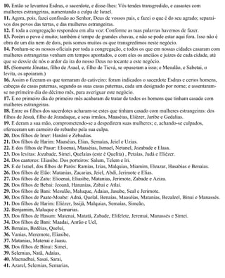 10. Então se levantou Esdras, o sacerdote, e disse-lhes: Vós tendes transgredido, e casastes com
mulheres estrangeiras, aumentando a culpa de Israel.
11. Agora, pois, fazei confissão ao Senhor, Deus de vossos pais, e fazei o que é do seu agrado; separai-
vos dos povos das terras, e das mulheres estrangeiras.
12. E toda a congregação respondeu em alta voz: Conforme as tuas palavras havemos de fazer.
13. Porém o povo é muito; também é tempo de grandes chuvas, e não se pode estar aqui fora. Isso não é
obra de um dia nem de dois, pois somos muitos os que transgredimos neste negócio.
14. Ponham-se os nossos oficiais por toda a congregação, e todos os que em nossas cidades casaram com
mulheres estrangeiras venham em tempos apontados, e com eles os anciãos e juízes de cada cidade, até
que se desvie de nós o ardor da ira do nosso Deus no tocante a este negócio.
15. (Somente Jônatas, filho de Asael, e, filho de Ticvá, se opuseram a isso; e Mesulão, e Sabetai, o
levita, os apoiaram.)
16. Assim o fizeram os que tornaram do cativeiro: foram indicados o sacerdote Esdras e certos homens,
cabeças de casas paternas, segundo as suas casas paternas, cada um designado por nome; e assentaram-
se no primeiro dia do décimo mês, para averiguar este negócio.
17. E no primeiro dia do primeiro mês acabaram de tratar de todos os homens que tinham casado com
mulheres estrangeiras.
18. Entre os filhos dos sacerdotes acharam-se estes que tinham casado com mulheres estrangeiras: dos
filhos de Jesuá, filho de Jozadaque, e seus irmãos, Maaséias, Eliézer, Jaribe e Gedalias.
19. E deram a sua mão, comprometendo-se a despedirem suas mulheres; e, achando-se culpados,
ofereceram um carneiro do rebanho pela sua culpa.
20. Dos filhos de Imer: Hanâni e Zebadias.
21. Dos filhos de Harim: Maaséias, Elias, Semaías, Jeiel e Uzias.
22. E dos filhos de Pasur: Elioenai, Maaséias, Ismael, Netanel, Jozabade e Elasa.
23. Dos levitas: Jozabade, Simei, Quelaías (este é Quelita) , Petaías, Judá e Eliézer.
24. Dos cantores: Eliasibe. Dos porteiros: Salum, Telem e îri.
25. E de Israel, dos filhos de Parós: Ramias, Izias, Malquias, Miamim, Eleazar, Hasabias e Benaías.
26. Dos filhos de Elão: Matanias, Zacarias, Jeiel, Abdi, Jerimote e Elias.
27. Dos filhos de Zatu: Elioenai, Eliasibe, Matanias, Jerimote, Zabade e Aziza.
28. Dos filhos de Bebai: Jeoanã, Hananias, Zabai e Atlai.
29. Dos filhos de Bani: Mesulão, Maluque, Adaías, Jasube, Seal e Jerimote.
30. Dos filhos de Paate-Moabe: Adná, Quelal, Benaías, Maaséias, Matanias, Bezaleel, Binuí e Manassés.
31. Dos filhos de Harim: Eliézer, Issijá, Malquias, Semaías, Simeão,
32. Benjamim, Maluque e Semarias.
33. Dos filhos de Hasum: Matenai, Matatá, Zabade, Elifelete, Jeremai, Manassés e Simei.
34. Dos filhos de Bani: Maadai, Anrão e Uel,
35. Benaías, Bedéias, Queluí,
36. Vanias, Meremote, Eliasibe,
37. Matanias, Matenai e Jaasu.
38. Dos filhos de Binuí: Simei,
39. Selemias, Natã, Adaías,
40. Macnadbai, Sasai, Sarai,
41. Azarel, Selemias, Semarias,
 
