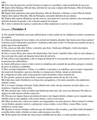 Ofel.
28. Para cima da porta dos cavalos fizeram os reparos os sacerdotes, cada um defronte da sua casa;
29. depois dele Zadoque, filho de Imer, defronte de sua casa; e depois dele Semaías, filho de Secanias,
guarda da porta oriental.
30. Depois dele repararam outra parte Hananias, filho de Selemias, e Hanum, o sexto filho de Zalafe.
Depois dele reparou Mesulão, filho de Berequias, uma parte defronte da sua câmara.
31. Depois dele reparou Malquias, um dos ourives, uma parte até a casa dos netinins e dos mercadores,
defronte da porta da guarda, e até a câmara superior da esquina.
32. E entre a câmara da esquina e a porta das ovelhas repararam os ourives e os mercadores.

[Neemias 4]Neemias       4
1. Ora, quando Sambalate ouviu que edificávamos o muro, ardeu em ira, indignou-se muito e escarneceu
dos judeus;
2. e falou na presença de seus irmãos e do exército de Samária, dizendo: Que fazem estes fracos judeus?
Fortificar-se-ão? Oferecerão sacrifícios? Acabarão a obra num só dia? Vivificarão dos montões de pó as
pedras que foram queimadas?
3. Ora, estava ao lado dele Tobias, o amonita, que disse: Ainda que edifiquem, vindo uma raposa
derrubará o seu muro de pedra.
4. Ouve, ó nosso Deus, pois somos tão desprezados; faze recair o opróbrio deles sobre as suas cabaças, e
faze com que eles sejam um despojo numa terra de cativeiro.
5. Não cubras a sua iniquidade, e não se risque de diante de ti o seu pecado, pois que te provocaram à ira
na presença dos edificadores.
6. Assim edificamos o muro; e todo o muro se completou até a metade da sua altura; porque o coração
do povo se inclinava a trabalhar.
7. Mas, ouvindo Sambalate e Tobias, e os arábios, o amonitas e os asdoditas, que ia avante a reparação
dos muros de Jerusalém e que já as brechas se começavam a fechar, iraram-se sobremodo;
8. e coligaram-se todos, para virem guerrear contra Jerusalém e fazer confusão ali.
9. Nós, porém, oramos ao nosso Deus, e pusemos guarda contra eles de dia e de noite.
10. Então disse Judá: Desfalecem as forças dos carregadores, e há muito escombro; não poderemos
edificar o muro.
11. E os nossos inimigos disseram: Nada saberão nem verão, até que entremos no meio deles, e os
matemos, e façamos cessar a obra.
12. Mas sucedeu que, vindo os judeus que habitavam entre eles, dez vezes nos disseram: De todos os
lugares de onde moram subirão contra nós.
13. Pelo que nos lugares baixos por detrás do muro e nos lugares abertos, dispus o povo segundo suas
famílias com as suas espadas, com as suas lanças, e com os seus arcos.
14. Olhei, levantei-me, e disse aos nobres, aos magistrados e ao resto do povo: Não os temais! Lembrai-
vos do Senhor, grande e temível, e pelejai por vossos irmãos, vossos filhos, vossas filhas, vossas
mulheres e vossas casas.
15. Quando os nossos inimigos souberam que nós tínhamos sido avisados, e que Deus tinha dissipado o
conselho deles, todos voltamos ao muro, cada um para a sua obra.
16. Desde aquele dia metade dos meus moços trabalhavam na obra, e a outra metade empunhava as
 