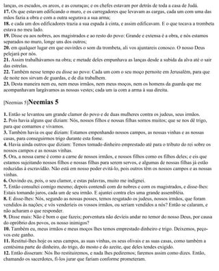 lanças, os escudos, os arcos, e as couraças; e os chefes estavam por detrás de toda a casa de Judá.
17. Os que estavam edificando o muro, e os carregadores que levavam as cargas, cada um com uma das
mãos fazia a obra e com a outra segurava a sua arma;
18. e cada um dos edificadores trazia a sua espada à cinta, e assim edificavam. E o que tocava a trombeta
estava no meu lado.
19. Disse eu aos nobres, aos magistrados e ao resto do povo: Grande e extensa é a obra, e nós estamos
separados no muro, longe uns dos outros;
20. em qualquer lugar em que ouvirdes o som da trombeta, ali vos ajuntareis conosco. O nosso Deus
pelejará por nós.
21. Assim trabalhávamos na obra; e metade deles empunhava as lanças desde a subida da alva até o sair
das estrelas.
22. Também nesse tempo eu disse ao povo: Cada um com o seu moço pernoite em Jerusalém, para que
de noite nos sirvam de guardas, e de dia trabalhem.
23. Desta maneira nem eu, nem meus irmãos, nem meus moços, nem os homens da guarda que me
acompanhavam largávamos as nossas vestes; cada um ia com a arma à sua direita.

[Neemias 5]Neemias       5
1. Então se levantou um grande clamor do povo e de duas mulheres contra os judeus, seus irmãos.
2. Pois havia alguns que diziam: Nós, nossos filhos e nossas filhas somos muitos; que se nos dê trigo,
para que comamos e vivamos.
3. Também havia os que diziam: Estamos empenhando nossos campos, as nossas vinhas e as nossas
casas, para conseguirmos trigo durante esta fome.
4. Havia ainda outros que diziam: Temos tomado dinheiro emprestado até para o tributo do rei sobre os
nossos campos e as nossas vinhas.
5. Ora, a nossa carne é como a carne de nossos irmãos, e nossos filhos como os filhos deles; e eis que
estamos sujeitando nossos filhos e nossas filhas para serem servos, e algumas de nossas filhas já estão
reduzidas à escravidão. Não está em nosso poder evitá-lo, pois outros têm os nossos campos e as nossas
vinhas.
6. Ouvindo eu, pois, o seu clamor, e estas palavras, muito me indignei.
7. Então consultei comigo mesmo; depois contendi com do nobres e com os magistrados, e disse-lhes:
Estais tomando juros, cada um de seu irmão. E ajuntei contra eles uma grande assembléia.
8. E disse-lhes: Nós, segundo as nossas posses, temos resgatado os judeus, nossos irmãos, que foram
vendidos às nações; e vós venderíeis os vossos irmãos, ou seriam vendidos a nós? Então se calaram, e
não acharam o que responder.
9. Disse mais: Não é bom o que fazeis; porventura não devíeis andar no temor do nosso Deus, por causa
do opróbrio dos povos, os nosso inimigos?
10. Também eu, meus irmãos e meus moços lhes temos emprestado dinheiro e trigo. Deixemos, peço-
vos este ganho.
11. Restituí-lhes hoje os seus campos, as suas vinhas, os seus olivais e as suas casas, como também a
centésima parte do dinheiro, do trigo, do mosto e do azeite, que deles tendes exigido.
12. Então disseram: Nós lho restituiremos, e nada lhes pediremos; faremos assim como dizes. Então,
chamando os sacerdotes, fi-los jurar que fariam conforme prometeram.
 