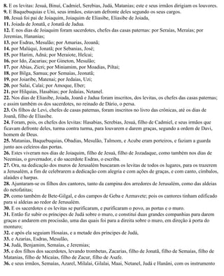 8. E os levitas: Jesuá, Binuí, Cadmiel, Serebias, Judá, Matanias; este e seus irmãos dirigiam os louvores.
9. E Baquebuquias e Uni, seus irmãos, estavam defronte deles segundo os seus cargos.
10. Jesuá foi pai de Joiaquim, Joiaquim de Eliasibe, Eliasibe de Joiada,
11. Joiada de Jonatã, e Jonatã de Jadua.
12. E nos dias de Joiaquim foram sacerdotes, chefes das casas paternas: por Seraías, Meraías; por
Jeremias, Hananias;
13. por Esdras, Mesulão; por Amarias, Jeoanã;
14. por Malúqui, Jonatã; por Sebanias, José;
15. por Harim, Adná; por Meraiote, Helcai;
16. por Ido, Zacarias; por Gineton, Mesulão;
17. por Abias, Zicri; por Miniamim, por Moadias, Piltai;
18. por Bilga, Samua; por Semaías, Jeonatã;
19. por Joiaribe, Matenai; por Jedaías, Uzi;
20. por Salai, Calai; por Amoque, Eber;
21. por Hilquias, Hasabias; por Jedaías, Netanel.
22. Nos dias de Eliasibe, Joiada, Joanã e Jadua foram inscritos, dos levitas, os chefes das casas paternas;
e assim também os dos sacerdotes, no reinado de Dário, o persa.
23. Os filhos de Levi, chefes de casas paternas, foram inscritos no livro das crônicas, até os dias de
Joanã, filho de Eliasibe.
24. Foram, pois, os chefes dos levitas: Hasabias, Serebias, Jesuá, filho de Cadmiel, e seus irmãos que
ficavam defronte deles, turma contra turma, para louvarem e darem graças, segundo a ordem de Davi,
homem de Deus.
25. Matanias, Baquebuquias, Obadias, Mesulão, Talmom, e Acube eram porteiros, e faziam a guarda
junto aos celeiros das portas.
26. Estes viveram nos dias de Joiaquim, filho de Jesuá, filho de Jozadaque, como também nos dias de
Neemias, o governador, e do sacerdote Esdras, o escriba.
27. Ora, na dedicação dos muros de Jerusalém buscaram os levitas de todos os lugares, para os trazerem
a Jerusalém, a fim de celebrarem a dedicação com alegria e com ações de graças, e com canto, címbalos,
alaúdes e harpas.
28. Ajuntaram-se os filhos dos cantores, tanto da campina dos arredores de Jerusalém, como das aldeias
do netofatitas;
29. como também de Bete-Gilgal, e dos campos de Geba e Azmavete; pois os cantores tinham edificado
para si aldeias ao redor de Jerusalém.
30. E os sacerdotes e os levitas se purificaram, e purificaram o povo, as portas e o muro.
31. Então fiz subir os príncipes de Judá sobre o muro, e constituí duas grandes companhias para darem
graças e andarem em procissão, uma das quais foi para a direita sobre o muro, em direção à porta do
monturo;
32. e após ela seguiam Hosaías, e a metade dos príncipes de Judá,
33. e Azarias, Esdras, Mesulão,
34. Judá, Benjamim, Semaías, e Jeremias;
35. e dos filhos dos sacerdotes, levando trombetas, Zacarias, filho de Jonatã, filho de Semaías, filho de
Matanias, filho de Micaías, filho de Zacur, filho de Asafe.
36. e seus irmãos, Semaías, Azarel, Milalai, Gilalai, Maai, Netanel, Judá e Hanâni, com os instrumento
 