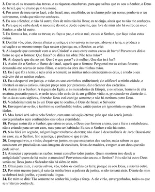 3. Dar-te-ei os tesouros das trevas, e as riquezas encobertas, para que saibas que eu sou o Senhor, o Deus
de Israel, que te chamo pelo teu nome.
4. Por amor de meu servo Jacó, e de Israel, meu escolhido, eu te chamo pelo teu nome; ponho-te o teu
sobrenome, ainda que não me conheças.
5. Eu sou o Senhor, e não há outro; fora de mim não há Deus; eu te cinjo, ainda que tu não me conheças.
6. Para que se saiba desde o nascente do sol, e desde o poente, que fora de mim não há outro; eu sou o
Senhor, e não há outro.
7. Eu formo a luz, e crio as trevas; eu faço a paz, e crio o mal; eu sou o Senhor, que faço todas estas
coisas.
8. Destilai vós, céus, dessas alturas a justiça, e chovam-na as nuvens; abra-se a terra, e produza a
salvação e ao mesmo tempo faça nascer a justiça; eu, o Senhor, as criei:
9. Ai daquele que contende com o seu Criador! o caco entre outros cacos de barro! Porventura dirá o
barro ao que o formou: Que fazes? ou dirá a tua obra: Não tens mãos?
10. Ai daquele que diz ao pai: Que é o que geras? e à mulher: Que dás tu à luz?
11. Assim diz o Senhor, o Santo de Israel, aquele que o formou: Perguntai-me as coisas futuras;
demandai-me acerca de meus filhos, e acerca da obra das minhas mãos.
12. Eu é que fiz a terra, e nela criei o homem; as minhas mãos estenderam os céus, e a todo o seu
exército dei as minhas ordens.
13. Eu o despertei em justiça, e todos os seus caminhos endireitarei; ele edificará a minha cidade, e
libertará os meus cativos, não por preço nem por presentes, diz o Senhor dos exércitos.
14. Assim diz o Senhor: A riqueza do Egito, e as mercadorias da Etiópia, e os sabeus, homens de alta
estatura, passarão para ti, e serão teus; irão atrás de ti; em grilhões virão; e, prostrando-se diante de ti,
far-te-ão as suas súplicas, dizendo: Deus está contigo somente; e não há nenhum outro Deus.
15. Verdadeiramente tu és um Deus que te ocultas, ó Deus de Israel, o Salvador.
16. Envergonhar-se-ão, e também se confundirão todos; cairão juntos em ignomínia os que fabricam
ídolos.
17. Mas Israel será salvo pelo Senhor, com uma salvação eterna; pelo que não sereis jamais
envergonhados nem confundidos em toda a eternidade.
18. Porque assim diz o Senhor, que criou os céus, o Deus que formou a terra, que a fez e a estabeleceu,
não a criando para ser um caos, mas para ser habitada: Eu sou o Senhor e não há outro.
19. Não falei em segredo, nalgum lugar tenebroso da terra; não disse à descendência de Jacó: Buscai-me
no caos; eu, o Senhor, falo a justiça, e proclamo o que é reto.
20. Congregai-vos, e vinde; chegai-vos juntos, os que escapastes das nações; nada sabem os que
conduzem em procissão as suas imagens de escultura, feitas de madeira, e rogam a um deus que não
pode salvar.
21. Anunciai e apresentai as razões: tomai conselho todos juntos. Quem mostrou isso desde a
antigüidade? quem de há muito o anunciou? Porventura não sou eu, o Senhor? Pois não há outro Deus
senão eu; Deus justo e Salvador não há além de mim.
22. Olhai para mim, e sereis salvos, vós, todos os confins da terra; porque eu sou Deus, e não há outro.
23. Por mim mesmo jurei; já saiu da minha boca a palavra de justiça, e não tornará atrás. Diante de mim
se dobrará todo joelho, e jurará toda língua.
24. De mim se dirá: Tão somente no senhor há justiça e força. A ele virão, envergonhados, todos os que
se irritarem contra ele.
 