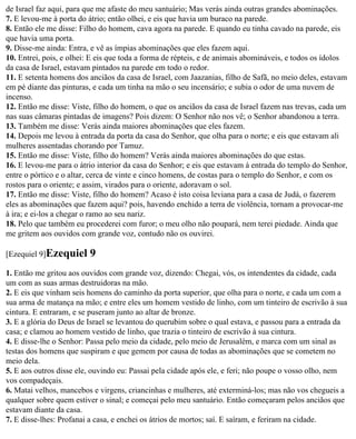 de Israel faz aqui, para que me afaste do meu santuário; Mas verás ainda outras grandes abominações.
7. E levou-me à porta do átrio; então olhei, e eis que havia um buraco na parede.
8. Então ele me disse: Filho do homem, cava agora na parede. E quando eu tinha cavado na parede, eis
que havia uma porta.
9. Disse-me ainda: Entra, e vê as ímpias abominações que eles fazem aqui.
10. Entrei, pois, e olhei: E eis que toda a forma de répteis, e de animais abomináveis, e todos os ídolos
da casa de Israel, estavam pintados na parede em todo o redor.
11. E setenta homens dos anciãos da casa de Israel, com Jaazanias, filho de Safã, no meio deles, estavam
em pé diante das pinturas, e cada um tinha na mão o seu incensário; e subia o odor de uma nuvem de
incenso.
12. Então me disse: Viste, filho do homem, o que os anciãos da casa de Israel fazem nas trevas, cada um
nas suas câmaras pintadas de imagens? Pois dizem: O Senhor não nos vê; o Senhor abandonou a terra.
13. Também me disse: Verás ainda maiores abominações que eles fazem.
14. Depois me levou à entrada da porta da casa do Senhor, que olha para o norte; e eis que estavam ali
mulheres assentadas chorando por Tamuz.
15. Então me disse: Viste, filho do homem? Verás ainda maiores abominações do que estas.
16. E levou-me para o átrio interior da casa do Senhor; e eis que estavam à entrada do templo do Senhor,
entre o pórtico e o altar, cerca de vinte e cinco homens, de costas para o templo do Senhor, e com os
rostos para o oriente; e assim, virados para o oriente, adoravam o sol.
17. Então me disse: Viste, filho do homem? Acaso é isto coisa leviana para a casa de Judá, o fazerem
eles as abominações que fazem aqui? pois, havendo enchido a terra de violência, tornam a provocar-me
à ira; e ei-los a chegar o ramo ao seu nariz.
18. Pelo que também eu procederei com furor; o meu olho não poupará, nem terei piedade. Ainda que
me gritem aos ouvidos com grande voz, contudo não os ouvirei.

[Ezequiel 9]Ezequiel     9
1. Então me gritou aos ouvidos com grande voz, dizendo: Chegai, vós, os intendentes da cidade, cada
um com as suas armas destruidoras na mão.
2. E eis que vinham seis homens do caminho da porta superior, que olha para o norte, e cada um com a
sua arma de matança na mão; e entre eles um homem vestido de linho, com um tinteiro de escrivão à sua
cintura. E entraram, e se puseram junto ao altar de bronze.
3. E a glória do Deus de Israel se levantou do querubim sobre o qual estava, e passou para a entrada da
casa; e clamou ao homem vestido de linho, que trazia o tinteiro de escrivão à sua cintura.
4. E disse-lhe o Senhor: Passa pelo meio da cidade, pelo meio de Jerusalém, e marca com um sinal as
testas dos homens que suspiram e que gemem por causa de todas as abominações que se cometem no
meio dela.
5. E aos outros disse ele, ouvindo eu: Passai pela cidade após ele, e feri; não poupe o vosso olho, nem
vos compadeçais.
6. Matai velhos, mancebos e virgens, criancinhas e mulheres, até exterminá-los; mas não vos chegueis a
qualquer sobre quem estiver o sinal; e começai pelo meu santuário. Então começaram pelos anciãos que
estavam diante da casa.
7. E disse-lhes: Profanai a casa, e enchei os átrios de mortos; saí. E saíram, e feriram na cidade.
 