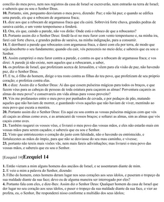 concílio do meu povo, nem nos registros da casa de Israel se escreverão, nem entrarão na terra de Israel;
e sabereis que eu sou o Senhor Deus.
10. Portanto, sim, porquanto desviaram o meu povo, dizendo: Paz; e não há paz; e quando se edifica
uma parede, eis que a rebocam de argamassa fraca;
11. dize aos que a rebocam de argamassa fraca que ela cairá. Sobrevirá forte chuva, grandes pedras de
saraiva cairão, e um vento tempestuoso a fenderá.
12. Ora, eis que, caindo a parede, não vos dirão: Onde está o reboco de que a rebocastes?
13. Portanto assim diz o Senhor Deus: fendê-la-ei no meu furor com vento tempestuoso e, na minha ira,
farei cair forte chuva, e grandes pedras de saraiva, na minha indignação, para a consumir.
14. E derribarei a parede que rebocastes com argamassa fraca, e darei com ela por terra, de modo que
seja descoberto o seu fundamento; quando ela cair, vós perecereis no meio dela; e sabereis que eu sou o
Senhor.
15. Assim cumprirei o meu furor contra a parede, e contra os que a rebocam de argamassa fraca; e vos
direi: A parede já não existe, nem aqueles que a rebocaram, a saber,
16. os profetas de Israel, que profetizam acerca de Jerusalém, e vêem para ela visão de paz, não havendo
paz, diz o Senhor Deus.
17. E tu, ó filho do homem, dirige o teu rosto contra as filhas do teu povo, que profetizam de seu próprio
coração; e profetiza contra elas.
18. e dize: Assim diz o Senhor Deus: Ai das que cosem pulseiras mágicas para todos os braços, e que
fazem véus para as cabeças de pessoas de toda estatura para caçarem as almas! Porventura caçareis as
almas do meu povo? e conservareis em vida almas para vosso proveito?
19. Vós me profanastes entre o meu povo por punhados de cevada, e por pedaços de pão, matando
aqueles que não haviam de morrer, e guardando vivos aqueles que não haviam de viver, mentindo ao
meu povo que escuta a mentira.
20. Portanto assim diz o Senhor Deus: Eis aqui eu sou contra as vossas pulseiras mágicas com que vós
ali caçais as almas como aves, e as arrancarei de vossos braços; e soltarei as almas, sim as almas que vós
caçais como aves.
21. Também rasgarei os vossos véus, e livrarei o meu povo das vossas mãos, e eles não estarão mais em
vossas mãos para serem caçados; e sabereis que eu sou e Senhor.
22. Visto que entristecestes o coração do justo com falsidade, não o havendo eu entristecido, e
fortalecestes as mãos do ímpio, para que não se desviasse do seu mau caminho, e vivesse;
23. portanto não tereis mais visões vãs, nem mais fareis adivinhações; mas livrarei o meu povo das
vossas mãos, e sabereis que eu sou o Senhor.

[Ezequiel 14]Ezequiel      14
1. Então vieram a mim alguns homens dos anciãos de Israel, e se assentaram diante de mim.
2. E veio a mim a palavra do Senhor, dizendo:
3. Filho do homem, estes homens deram lugar nos seus corações aos seus ídolos, e puseram o tropeço da
sua maldade diante da sua face; devo eu de alguma maneira ser interrogado por eles?
4. Portanto fala com eles, e dize-lhes: Assim diz o Senhor Deus: Qualquer homem da casa de Israel que
der lugar no seu coração aos seus ídolos, e puser o tropeço da sua maldade diante da sua face, e vier ao
profeta, eu, o Senhor, lhe responderei nisso conforme a multidão dos seus ídolos;
 