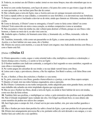 3. Todavia, eu ensinei aos de Efraim a andar; tomei-os nos meus braços; mas não entendiam que eu os
curava.
4. Atraí-os com cordas humanas, com laços de amor; e fui para eles como os que tiram o jugo de sobre
as suas queixadas, e me inclinei para lhes dar de comer.
5. Não voltarão para a terra do Egito; mas a Assíria será seu rei; porque recusam converter-se.
6. Cairá a espada sobre as suas cidades, e consumirá os seus ferrolhos; e os devorará nas suas fortalezas.
7. Porque o meu povo é inclinado a desviar-se de mim; ainda que clamem ao Altíssimo, nenhum deles o
exalta.
8. Como te deixaria, ó Efraim? como te entregaria, ó Israel? como te faria como Admá? ou como
Zeboim? Está comovido em mim o meu coração, as minhas compaixões à uma se acendem.
9. Não executarei o furor da minha ira; não voltarei para destruir a Efraim, porque eu sou Deus e não
homem, o Santo no meio de ti; eu não virei com ira.
10. Andarão após o Senhor; ele bramará como leão; e, bramando ele, os filhos, tremendo, virão do
ocidente.
11. Também, tremendo, virão como um passarinho os do Egito, e como uma pomba os da terra da
Assíria; e os farei habitar em suas casas, diz o Senhor.
12. Efraim me cercou com mentira, e a casa de Israel com engano; mas Judá ainda domina com Deus, e
com o Santo está fiel.

[Oséias 12]Oséias     12
1. Efraim apascenta o vento, segue o vento oriental todo o dia; multiplica a mentira e a destruição; e
fazem aliança com a Assíria, e o azeite se leva ao Egito
2. O Senhor também com Judá tem contenda, e castigará a Jacó segundo os seus caminhos; segundo as
suas obras o recompensará.
3. No ventre pegou do calcanhar de seu irmão; e na sua idade varonil lutou com Deus.
4. Lutou com o anjo, e prevaleceu; chorou, e lhe fez súplicas. Em Betel o achou, e ali falou Deus com
ele;
5. sim, o Senhor, o Deus dos exércitos; o Senhor e o seu nome.
6. Tu, pois, converte-te a teu Deus; guarda a benevolência e a justiça, e em teu Deus espera sempre.
7. Quanto a Canaã, tem nas mãos balança enganadora; ama a opressão.
8. Diz Efraim: Certamente eu me tenho enriquecido, tenho adquirido para mim grandes bens; em todo o
meu trabalho não acharão em mim iniqüidade alguma que seja pecado.
9. Mas eu sou o Senhor teu Deus, desde a terra do Egito; eu ainda te farei habitar de novo em tendas,
como nos dias da festa solene.
10. Também falei aos profetas, e multipliquei as visões; e pelo ministério dos profetas usei de parábolas.
11. Não é Gileade iniqüidade? pura vaidade são eles. Em Gilgal sacrificam bois; os seus altares são
como montões de pedras nos sulcos dos campos.
12. Jacó fugiu para o campo de Arã, e Israel serviu por uma mulher, sim, por uma mulher guardou o
gado.
13. Mas o Senhor por meio dum profeta fez subir a Israel do Egito, e por um profeta foi ele preservado.
14. Efraim mui amargamente provocou-lhe a ira; portanto sobre ele será deixado o seu sangue, e o seu
Senhor fará cair sobre ele o seu opróbrio.
 