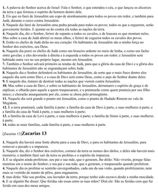 1. A palavra do Senhor acerca de Israel: Fala o Senhor, o que estendeu o céu, e que lançou os alicerces
da terra e que formou o espírito do homem dentro dele.
2. Eis que eu farei de Jerusalém um copo de atordoamento para todos os povos em redor, e também para
Judá, durante o cerco contra Jerusalém.
3. Naquele dia farei de Jerusalém uma pedra pesada para todos os povos; todos os que a erguerem, serão
gravemente feridos. E ajuntar-se-ão contra ela todas as nações da terra.
4. Naquele dia, diz o Senhor, ferirei de espanto a todos os cavalos, e de loucura os que montam neles.
Mas sobre a casa de Judá abrirei os meus olhos, e ferirei de cegueira todos os cavalos dos povos.
5. Então os chefes de Judá dirão no seu coração: Os habitantes de Jerusalém são a minha força no
Senhor dos exércitos, seu Deus.
6. Naquele dia porei os chefes de Judá como um braseiro ardente no meio de lenha, e como um facho
entre gavelas; e eles devorarão à direita e à esquerda a todos os povos em redor; e Jerusalém será
habitada outra vez no seu próprio lugar, mesmo em Jerusalém.
7. Também o Senhor salvará primeiro as tendas de Judá, para que a glória da casa de Davi e a glória dos
habitantes de Jerusalém não se engrandeçam sobre Judá.
8. Naquele dia o Senhor defenderá os habitantes de Jerusalém, de sorte que o mais fraco dentre eles
naquele dia será como Davi, e a casa de Davi será como Deus, como o anjo do Senhor diante deles.
9. E naquele dia, tratarei de destruir todas as nações que vierem contra Jerusalém.
10. Mas sobre a casa de Davi, e sobre os habitantes de Jerusalém, derramarei o espírito de graça e de
súplicas; e olharão para aquele a quem traspassaram, e o prantearão como quem pranteia por seu filho
único; e chorarão amargamente por ele, como se chora pelo primogênito.
11. Naquele dia será grande o pranto em Jerusalém, como o pranto de Hadade-Rimom no vale de
Megidom.
12. E a terra pranteará, cada família à parte: a família da casa de Davi à parte, e suas mulheres à parte; e
a família da casa de Natã à parte, e suas mulheres à parte;
13. a família da casa de Levi à parte, e suas mulheres à parte; a família de Simei à parte, e suas mulheres
à parte;
14. todas as mais famílias, cada família à parte, e suas mulheres à parte.

[Zacarias 13]Zacarias      13
1. Naquele dia haverá uma fonte aberta para a casa de Davi, e para os habitantes de Jerusalém, para
remover o pecado e a impureza.
2. Naquele dia, diz o Senhor dos exércitos, cortarei da terra os nomes dos ídolos, e deles não haverá mais
memória; e também farei sair da terra os profetas e o espirito da impureza.
3. E se alguém ainda profetizar, seu pai e sua mãe, que o geraram, lhe dirão: Não viverás, porque falas
mentiras em o nome do Senhor; e seu pai e sua mãe, que o geraram, o traspassarão quando profetizar.
4. Naquele dia os profetas se sentirão envergonhados, cada um da sua visão, quando profetizarem; nem
mais se vestirão de manto de pêlos, para enganarem,
5. mas dirão: Não sou profeta, sou lavrador da terra; porque tenho sido escravo desde a minha mocidade.
6. E se alguém lhe disser: Que feridas são essas entre as tuas mãos? Dirá ele: São as feridas com que fui
ferido em casa dos meus amigos.
 