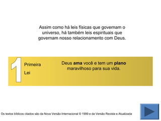 Primeira
Lei
Deus ama você e tem um plano
maravilhoso para sua vida.
Assim como há leis físicas que governam o
universo, há também leis espirituais que
governam nosso relacionamento com Deus.
Os textos bíblicos citados são da Nova Versão Internacional © 1999 e da Versão Revista e Atualizada
 